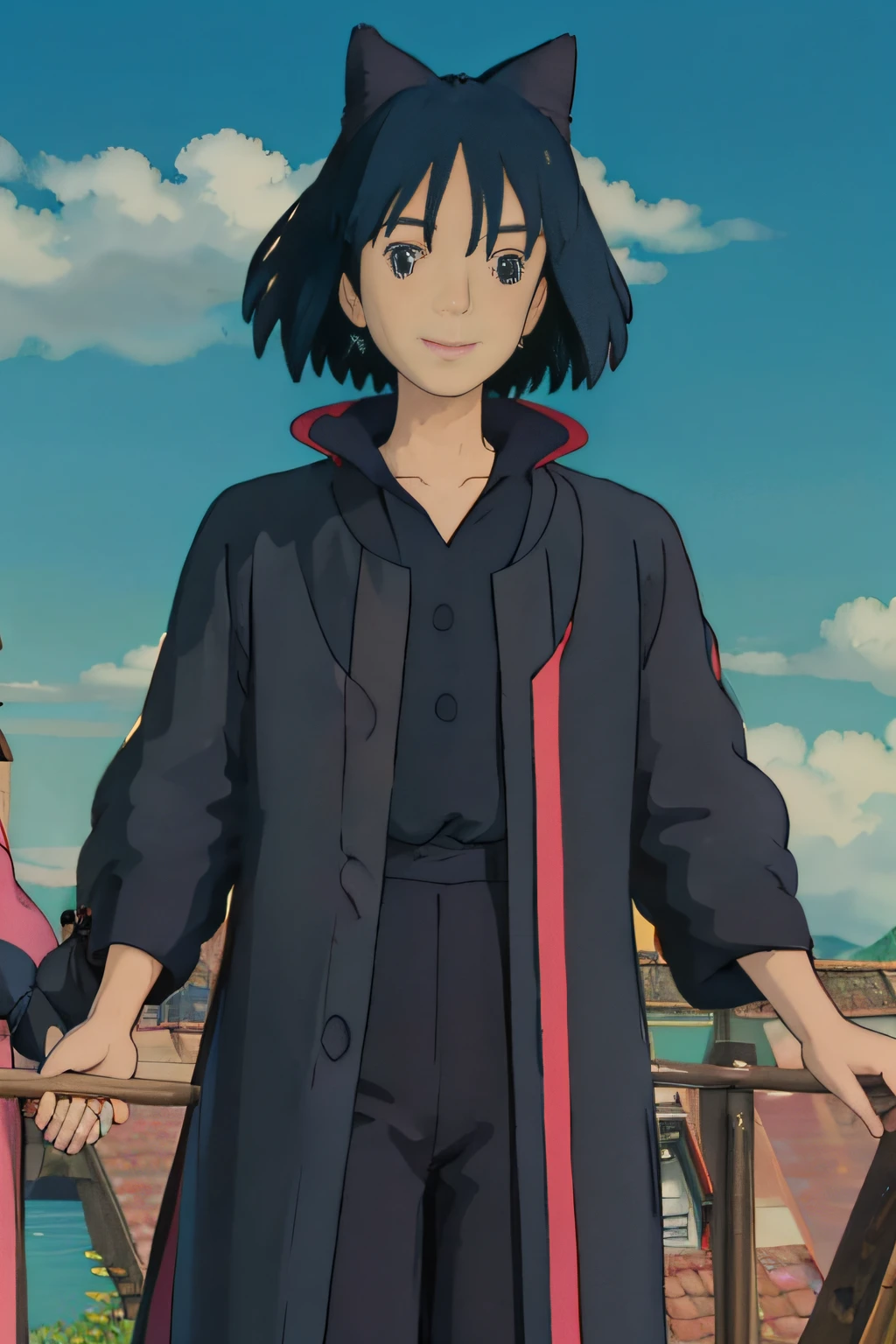 (masterpiece、top-quality;1.3)、ultra-detailliert、1girl in、male people、Synthesis of Howl and Kiki、独奏、Howl's Moving Castle、Howl、Fine Grandia、looking at the viewers、A smile、Kiki as an adult、Black coat、Redhead bow、blue-sky、Black cat、Gigi、Colossal tits