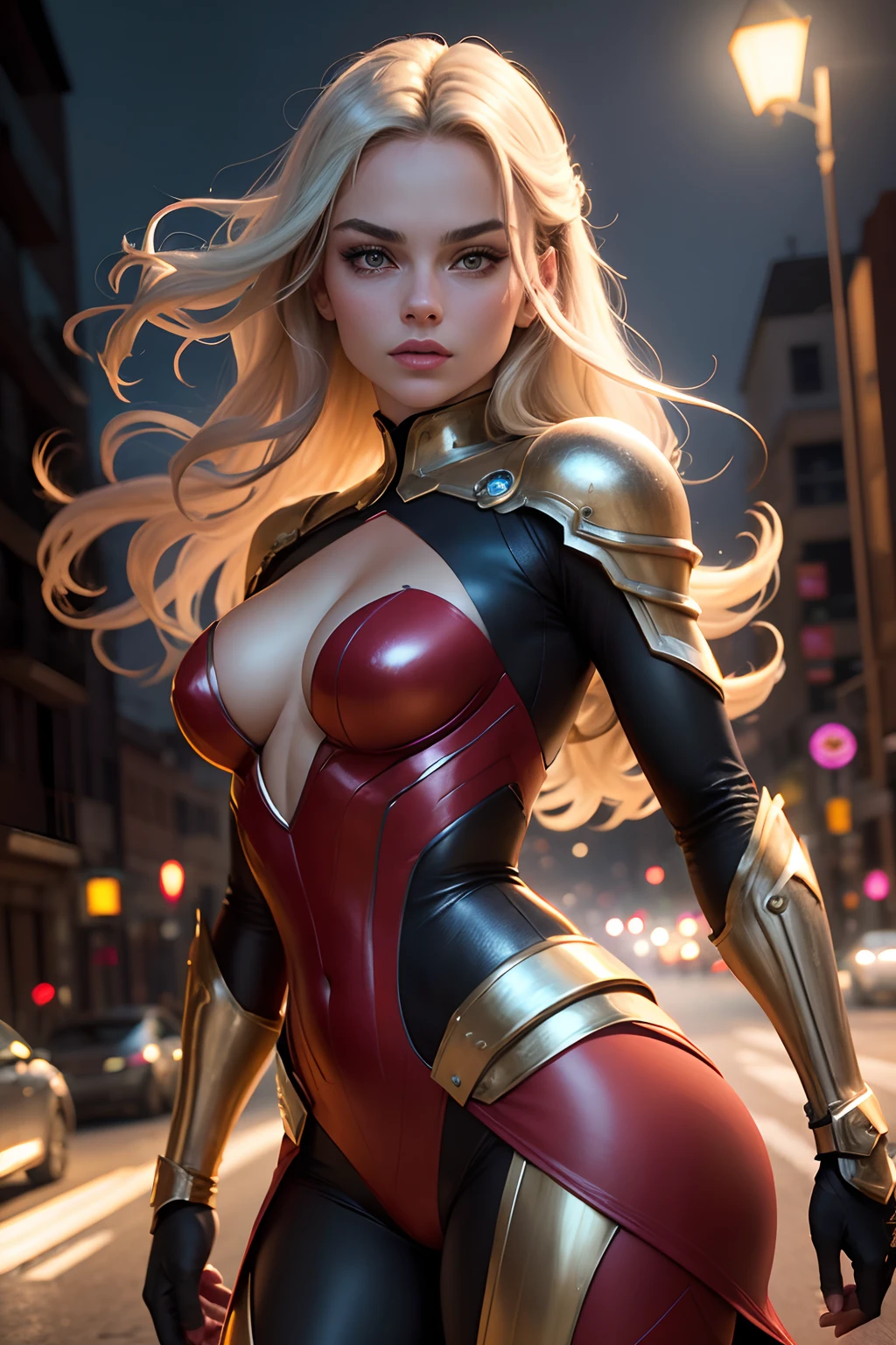 (melhor qualidade,4k,8k,Altas,master part:1.2),ultra-detalhado,(Realistic,fotorrealista,photo-realistic:1.37),bela atriz Margot Robbie,loira sensual,olhos e rosto extremamente detalhados,long eyelashes,beautiful detailed lips,2girls vestindo traje do Homem de Ferro,Silver red and gold metallic armor,pintura ultrafina,foco nítido,Physically-based rendering,profissional,vivid colors,Bokeh,Street lit by neon lights,Atmospheric backlighting,paisagem urbana brilhante,luzes da cidade refletindo no pavimento molhado,cena noturna urbana,silhueta noturna da cidade,Luminous street lamps moonlit buildings,ambiente lindamente iluminado,Street full of car headlights and taillights,Luzes da cidade agitadas e movimentadas,portrait of Margot Robbie in superhero costume,heroic pose,confident expression,misturou cores vermelhas e douradas no look,Elegant and sexy appearance,Enhanced Natural Beauty,saltar no ar,flutuando graciosamente,cabelos loiros fluindo ao vento,Energetic and dynamic movement,imagem cativante e empoderadora. pose sensual ,sex