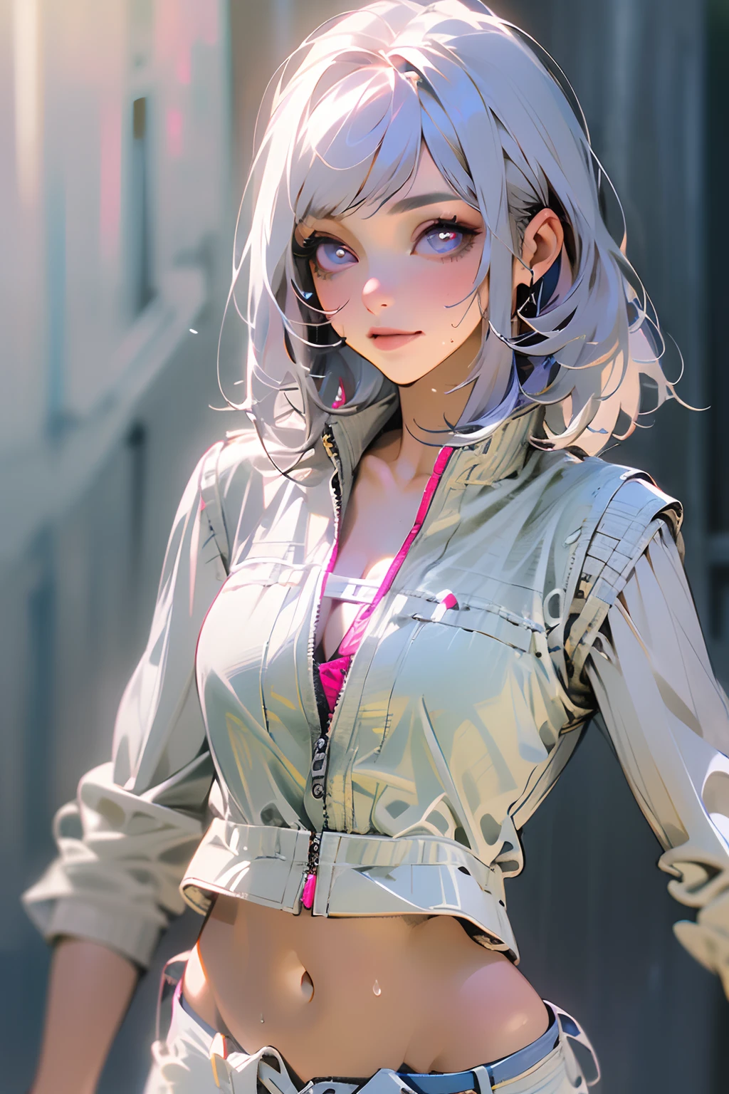 ((((Masterpiece, Best quality, high resolution)))), Extremely detailed 8K, Beautiful girl with slim body, (Ultra HD, Ultra-detailed, Highly detailed, Highly realistic, Ultra-realistic, photograph realistic), (1girll:1.5), (realistic white hair), Short wavy hair, Bob cut, (dynamicposes), facing at camera, Light smile, Purple eyes, average breasts, (Beautiful detailed face, Beautiful detailed eyes), (Gilet blanc, Thin material), cleavage, Dark denim shorts, Glow, Sweat, (rays of sunshine, Sunlight)