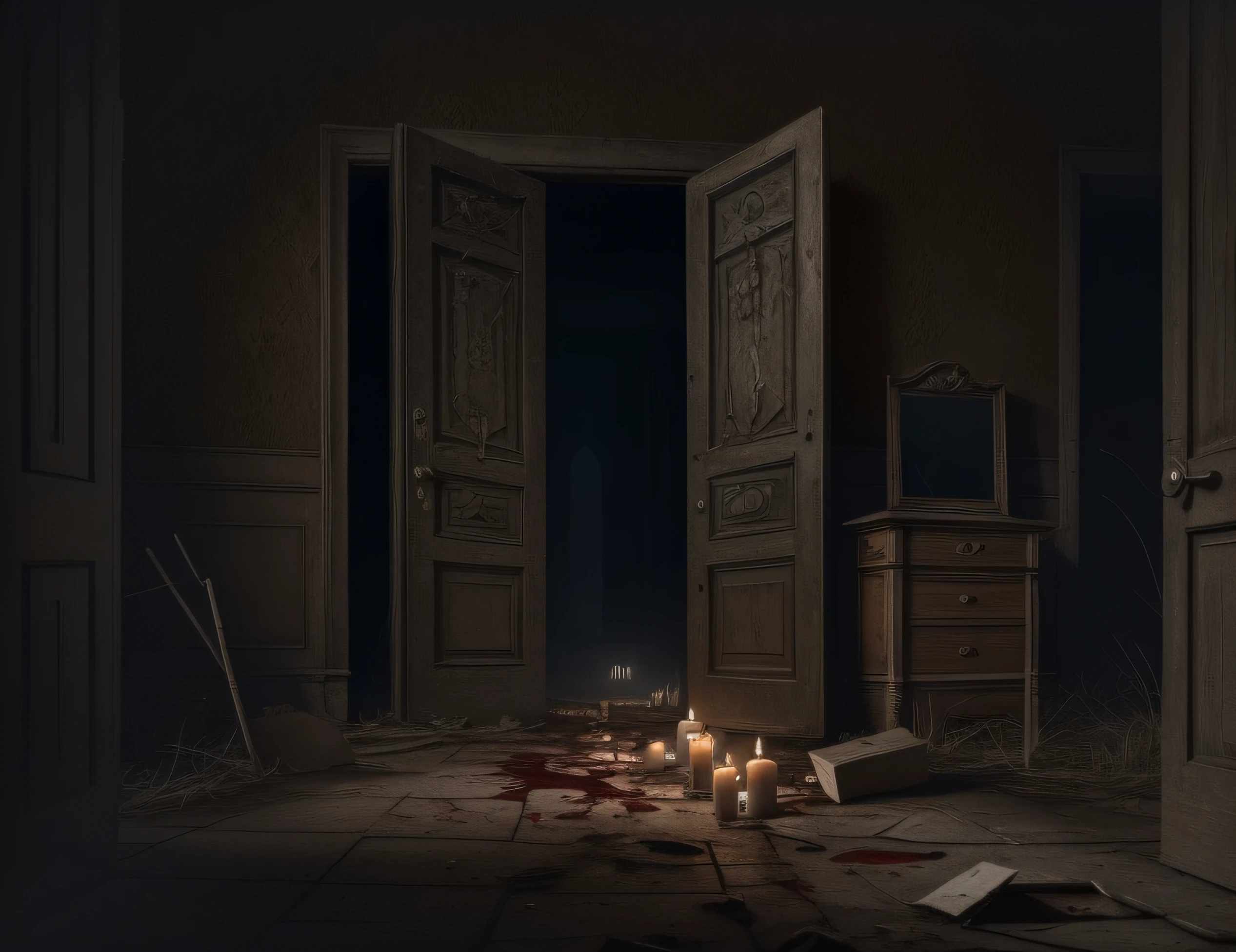 "Best quality,Ultra-detailed art,An old house,Closed doors,Closed doors,dark ambiance,Ominous Shadows,Creepy feeling,The floor creaks,Cold,Flashing candlelight,Broken ground,blood stain,Cluttered ground。Broken cardboard box,Small cardboard box,