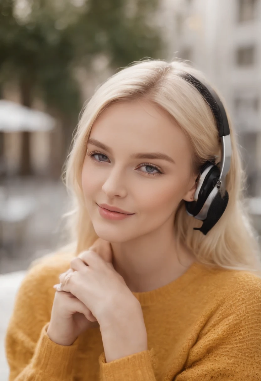 Cute beautiful blonde with yellow sweater, extreamly bold, Vlada Roslyakova ,Russian Fashion Model,  wearing headphone, listening music,(Drinking coffee in a modern café at sunset), sehr detailliert, 14 Jahre alt, unschuldiges Gesicht, naturally wavy hair, blaue Augen, high-res, Meisterwerk, best qulaity, komplizierte Details, sehr detailliert, scharf Fokus, detaillierte Haut, realistische Hauttextur, Textur, detaillierte Augen, professionell, 4k, charming smile, aufgenommen mit Canon, 85 mm, light depth of field, Kodak Vision-Farbe, perfectly fitting body, extrem detailliert, Foto_\(ultra\), fotorealistisch, realistisch, Nachbearbeitung, maximale Details, Rauheit, echtes Leben, ultrarealistisch, Fotorealismus, Fotografie, 8k uhd, Fotografie