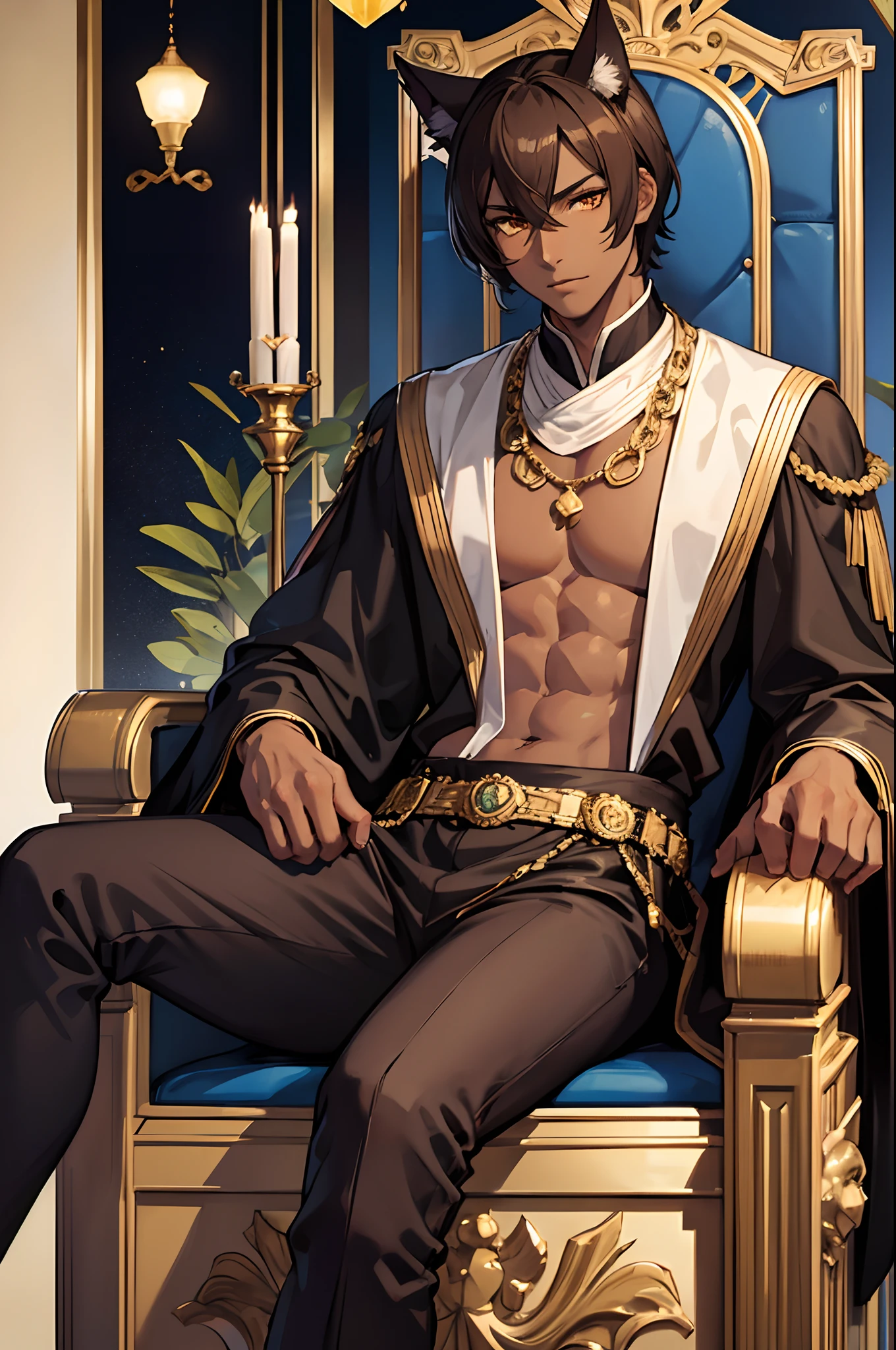 1boy,cloak,(the scars),muscular,facial hair,Tattoo,A lavish throne,sarong,spread arms,long hair,Black hair,looking down,solo,closed eyes,scar across eye,scar on cheek,
Highest quality, masterpiece, high resolution, original, extremely detailed 8K wallpaper, overexposure, masterpiece, highest quality, ray tracing, highest quality, masterpiece, original, exquisitely handsome, incredibly high resolution, rich colors, intricate and intricate details, ambient lighting, ray tracing, --auto