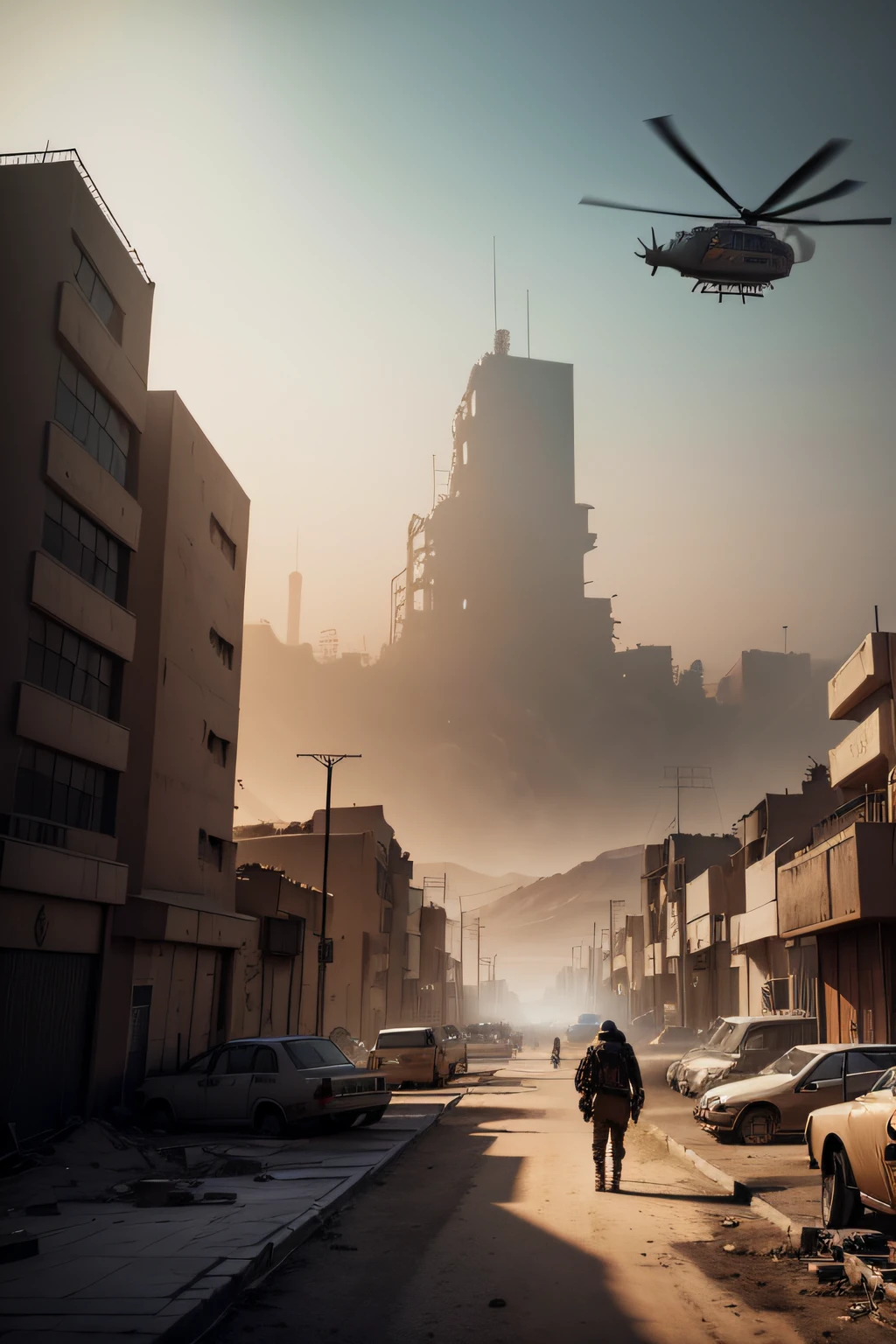 Allafard city scene with helicopter and a man walking through the cemetery, destroyed city in background, 2020 video game screenshot, in a post-apocalyptic wasteland, post - apocalyptic wasteland, post apocalyptic atmosphere,There are also flying helicopters in the sky, overlooking a desolate wasteland, realistic apocalyptic war scene, Post apocalyptic scenario, post - apocalyptic city, Post-apocalyptic view, post - apocalyptic vibe
