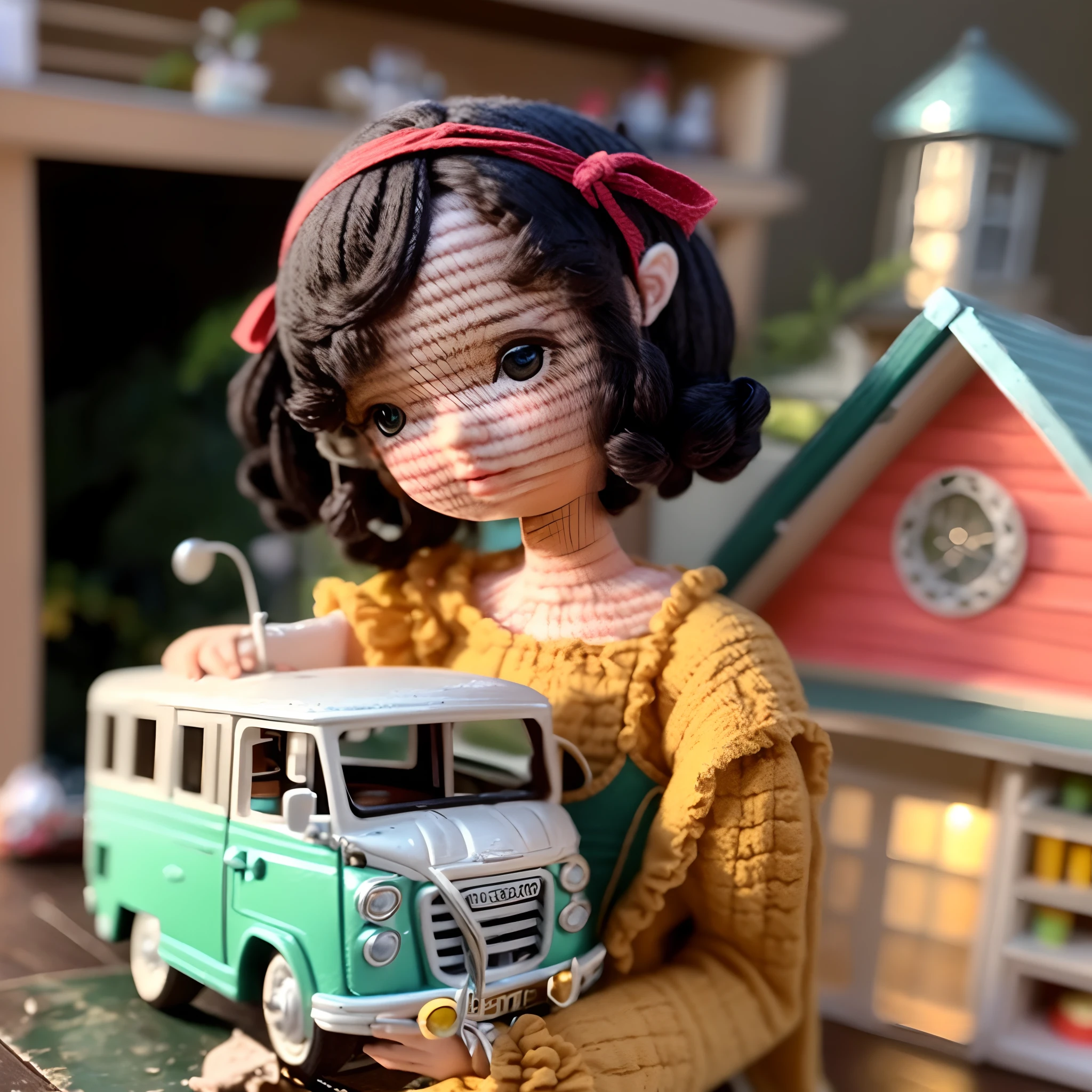 doll sitting on a table with a toy RV and a house, detailed portrait shot, very very high detailed, very highly detailed, highly detailed!, very very highly detailed, highly detailed!!, stunningly detailed, highly detailed toy, highly detailed!!!!!!!, super detailed, highly detailed shot, captured on canon eos r 6, highly_detailed!!, very high detailed