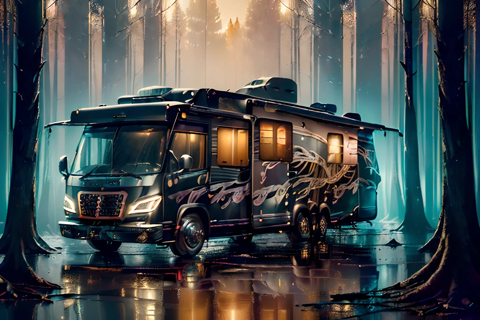 (((Imagine a visually striking illustration of Motor home:1.3))), (((mixed media and matte paint:1.3))), (((multiple layered))), intricate glimmer glass, tachism, (intricate detail ornament interior:1.2), (symphony:1.1), (lucid metal:1.2), (((freeze motion with epic trance))), mezzotint, double exposure, conceptual contrast, dappled lighting, neo-baroque atmosphere, ((in the wolf face design detail)), captivatingly surreal ambiance, (dignity atmosphere:1.1), (((extremely insane detail:1.3))), (((true masterpiece:1.3))), (((forest lake background intricate detail:1.3))), ((absurd resolution:1.2)), (real rain:1.1), (cinematic still and angle),