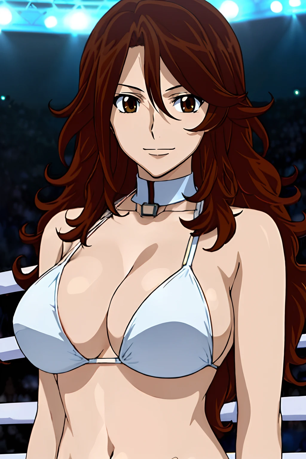 Hands on belly, Elegant lady, (upper body only), anime style: 1.8, anime drawing, ultra detailed face, ultra detailed body, 4k, Sumergai Lee Noriega, (standing), best quality, anime style, hires, highest definition, digital blending, bold drawing lines, ((wwe diva), (location: wrestling arena, crowds watching), ( slim body, (little biceps), , off-shoulders, closed fists, (curvy: 2.8)), ((white bikini, only, white gloves, collar, hand protector)), victorious, winner, gentle, (pale skin, shiny skin, very big breasts, smile), (big eyes, brown eyes), (clapping), (brown hair, loose hair, curly hair, wavy hair, long hair, missy hair), 27 years old,