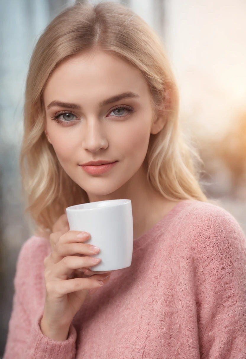 Cute beautiful blonde with pink sweater, extreamly bold, Vlada Roslyakova ,Russian Fashion Model, wearing headphone, listening music, crossing fingers with two hands,(Drinking coffee in a modern café at sunset), sehr detailliert, , unschuldiges Gesicht, naturally wavy hair, blaue Augen, high-res, Meisterwerk, best qulaity, komplizierte Details, sehr detailliert, scharf Fokus, detaillierte Haut, realistische Hauttextur, Textur, detaillierte Augen, professionell, 4k, charming smile, aufgenommen mit Canon, 85 mm, light depth of field, Kodak Vision-Farbe, perfectly fitting body, extrem detailliert, Foto_\(ultra\), fotorealistisch, realistisch, Nachbearbeitung, maximale Details, Rauheit, echtes Leben, ultrarealistisch, Fotorealismus, Fotografie, 8k uhd, Fotografie