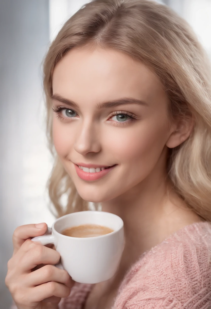 Cute beautiful blonde with pink sweater, extreamly bold, Vlada Roslyakova ,Russian Fashion Model, wearing headphone, listening music, crossing fingers with two hands,(Drinking coffee in a modern café at sunset), sehr detailliert, , unschuldiges Gesicht, naturally wavy hair, blaue Augen, high-res, Meisterwerk, best qulaity, komplizierte Details, sehr detailliert, scharf Fokus, detaillierte Haut, realistische Hauttextur, Textur, detaillierte Augen, professionell, 4k, charming smile, aufgenommen mit Canon, 85 mm, light depth of field, Kodak Vision-Farbe, perfectly fitting body, extrem detailliert, Foto_\(ultra\), fotorealistisch, realistisch, Nachbearbeitung, maximale Details, Rauheit, echtes Leben, ultrarealistisch, Fotorealismus, Fotografie, 8k uhd, Fotografie