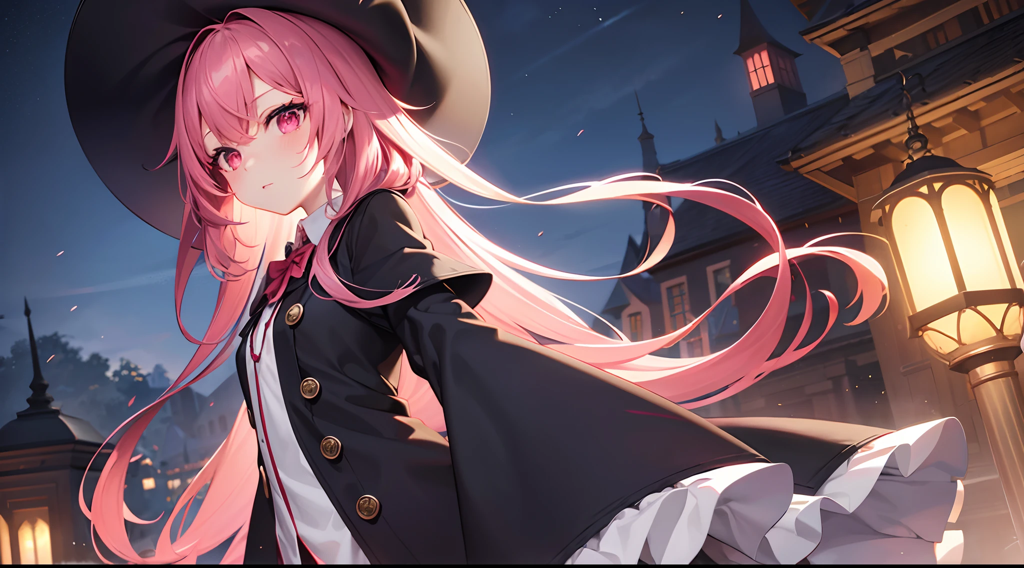 Sharp focus, Best quality, Depth of field, Cinematic lighting, detailed outfits, 4K, Perfect eyes, Rich in detail and texture, Cute, Cute loli face, Pink hair, Long hair, Small breasts, Dark red eyes, hair between eye, side locks, Witch hat, Black hat, Black robe, Hooded robe, Hood down, White shirt, Black skirt, Collared shirt, Long sleeves, Pleated skirt, white stockings, En plein air, shirt, Robe