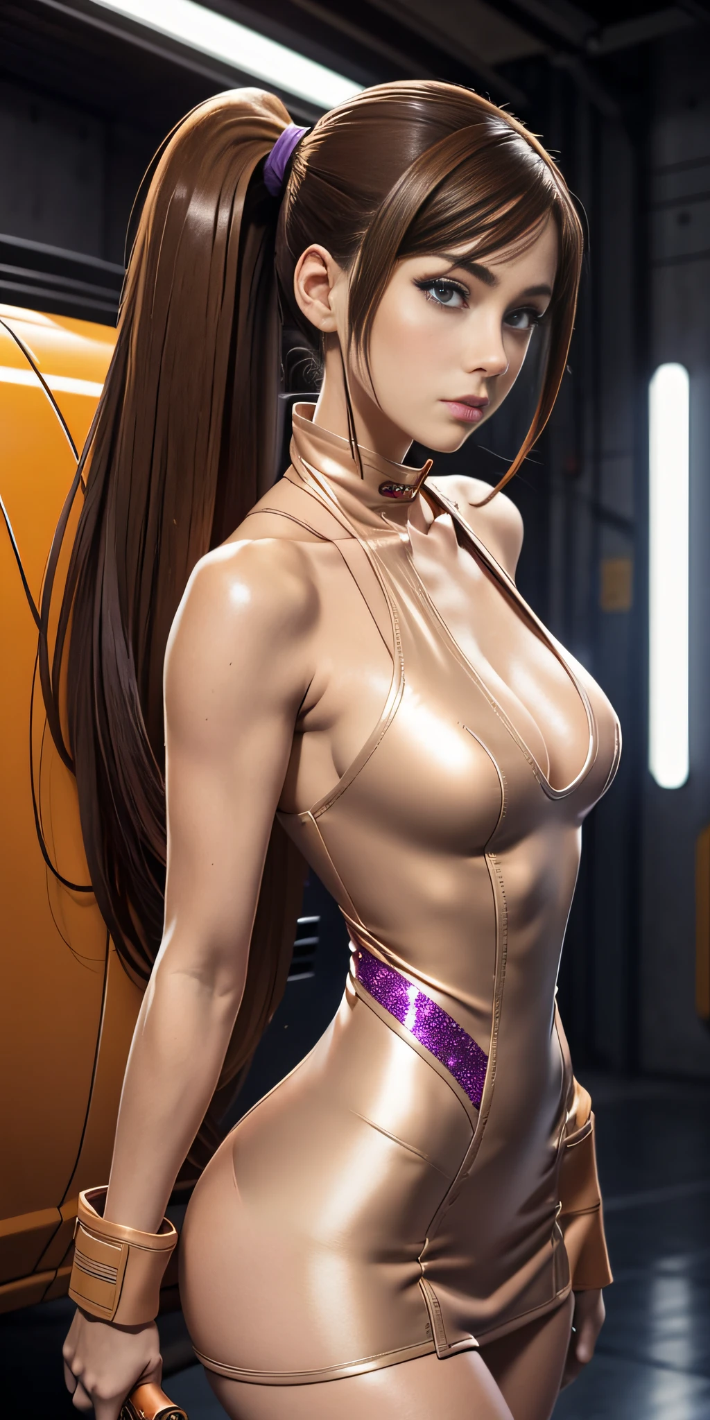 american shot view, Anime, professional anime style, (Only 1 woman), ((From head to toe)), Diane is a beautiful woman with a perfect body with purple eyes, Her hair is brown and long, which she wears tied in two long ponytails on each side of her head, she has a young and beautiful appearance, she wears an orange one-piece suit that ends with a (solo short miniskirt), boots that extend almost to her knees, and a metal glove with glitter inlays. metal nuggets, intricate details, ((80% nude))