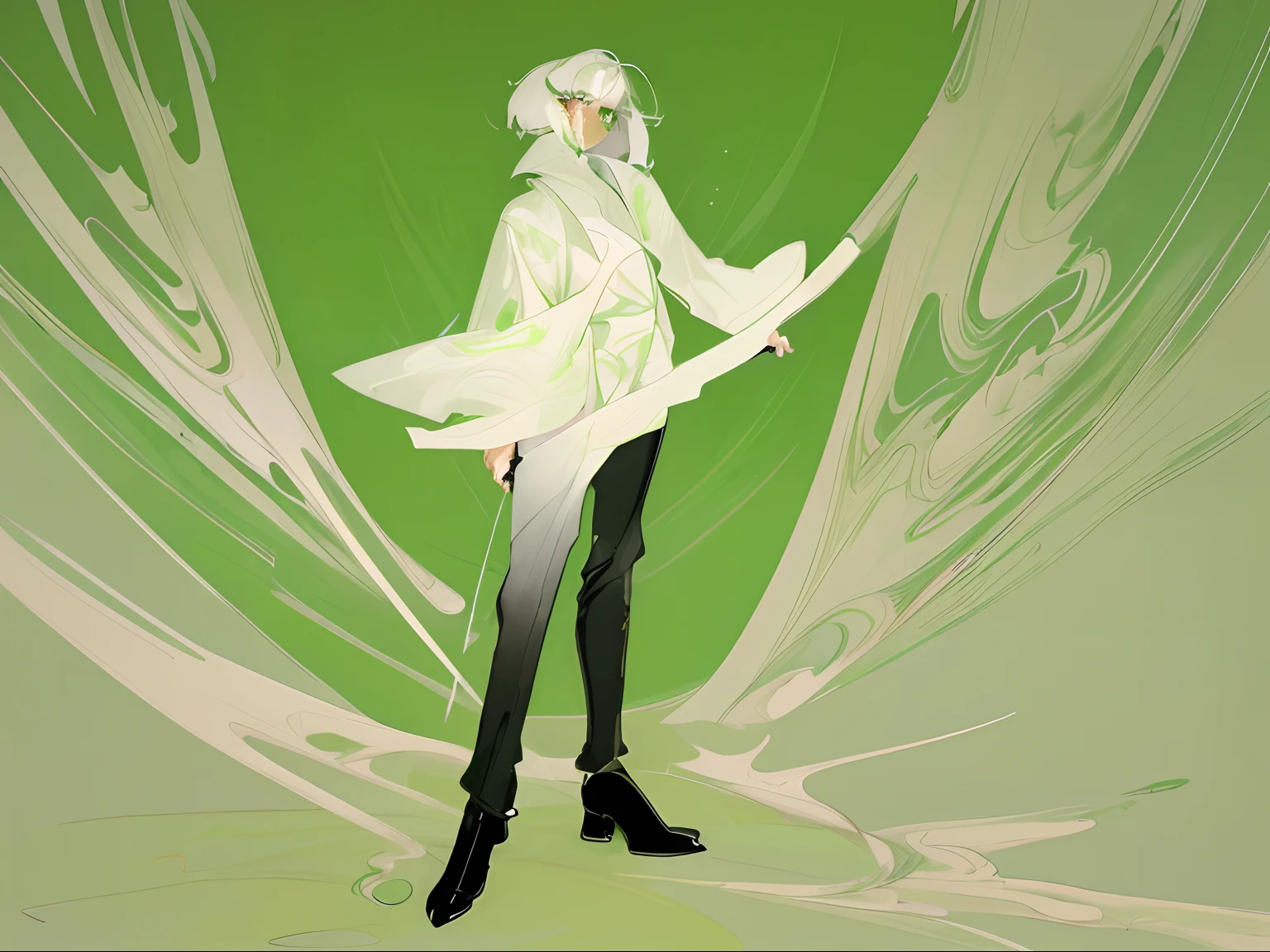 1 teenager,White color hair,Green eyes,Green antique coat,Inside is a white T-shirt,Black pantsuit,Black shoes,Behind it is a Japanese sword,Standing painting,full bodyesbian,Best quality,Masterpiece,Looking at the camera,Detailed art,High definition,4K,A high resolution,1boys,frontage,
