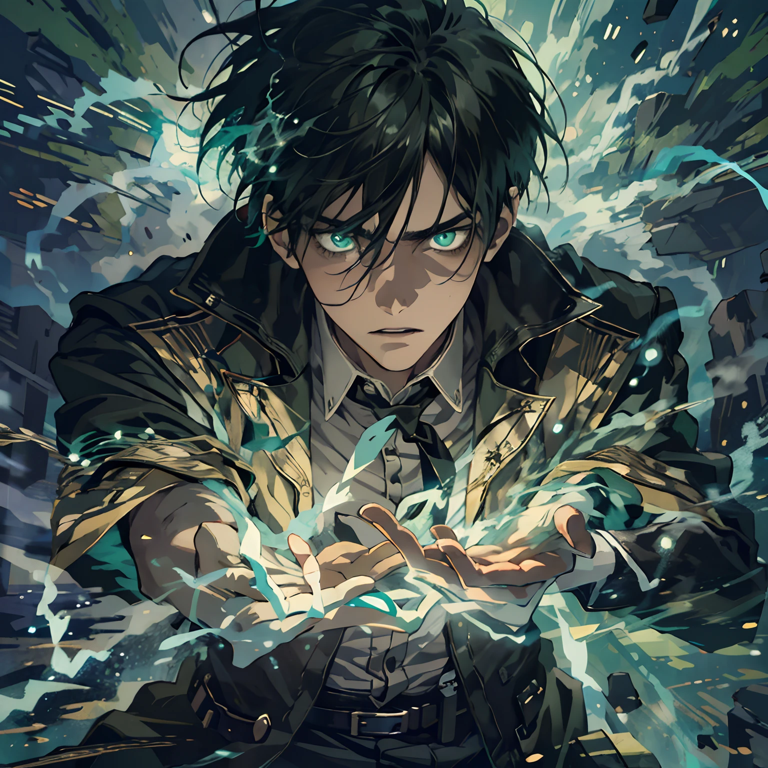 (Absurd, High Resolution), 16k, (Panorama), Eren yeager, young man, bright green Eyes, Open Hands, tied Hair, Black Hair, Black Coat, White Underwear, Extreme Detail, Lightning, Magic, Magic Array, Exaggerated Light, Shine, Magic, Floating, Dusk,