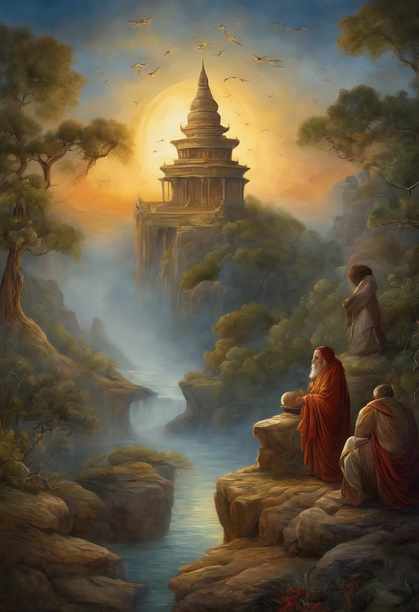 masterpiece, bestquality, ultra-detail, illustration, Buddha sits and talks with monks., bara, fantasy, Flying, broomstick, night sky, outdoor, Magic, spells, moon, star, clouds, breeze, capes, broomstick, glowing, mysterious, enchanting, whimsical, playful, adventurous, freedom, doubt, imagination, determination, skill, speed, movement, energy, Realism, naturalistic, figurative, representational, beauty, fantasy culture, mythology, mythology, folklore, legends, sorceress, wizards, magical creatures, fantasy worlds, composition, scale, foreground, middle ground, background, scenary, light, colored, beefy, detaild, beauty, doubt.
