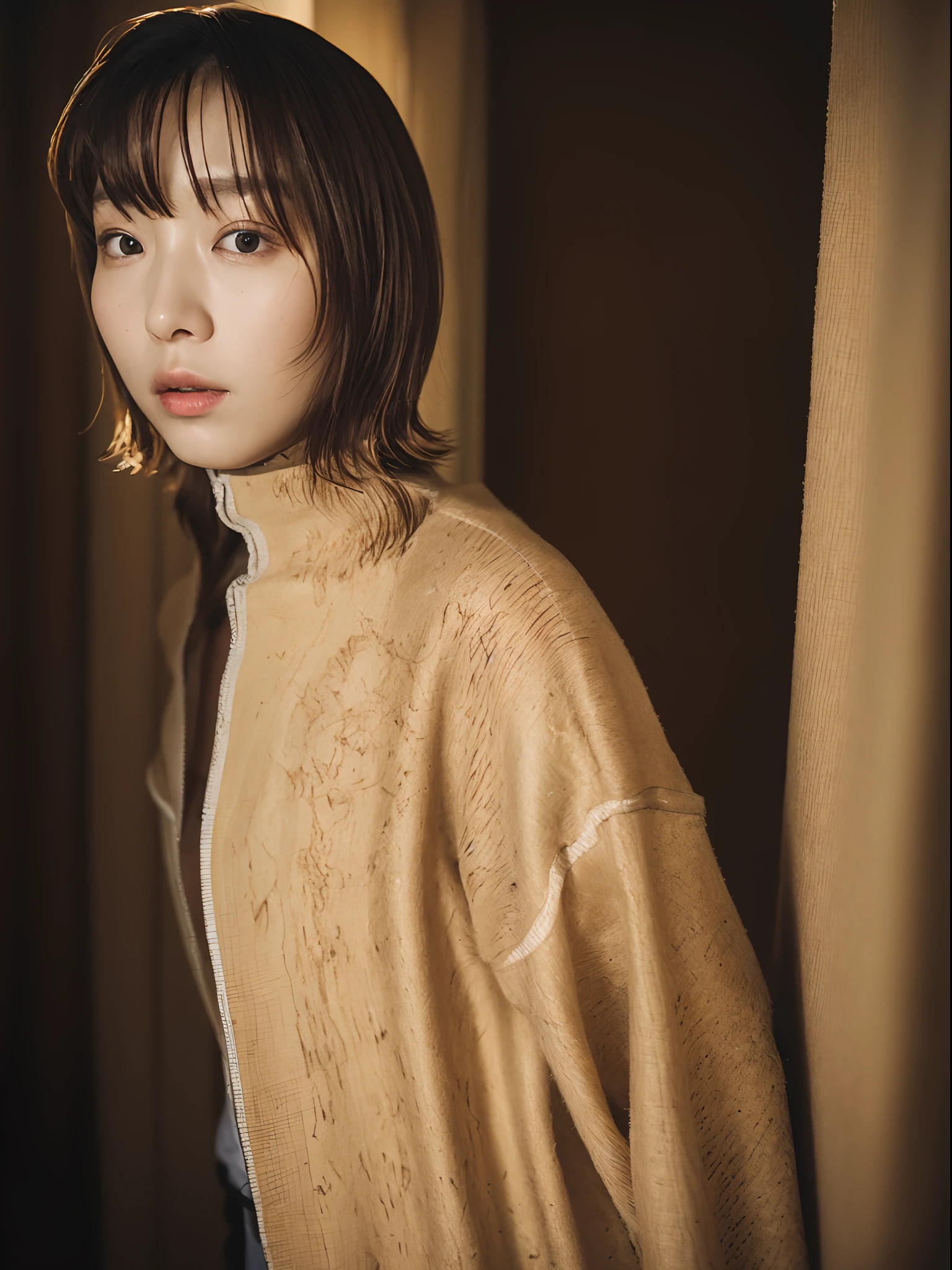 hightquality:1.3、​masterpiece、hight resolution、［1 girl in］、｛独奏｝、fully body photo、((Photorealsitic):1.1)、Real person、mascara, ,(Textured skin, Skin pores:1.1), (Imperfect skin:1.1) intricate detailes, (Unripe, 8K:1.2), Detailed skin、japanes、catchlight、piercings、a necklace、white walls