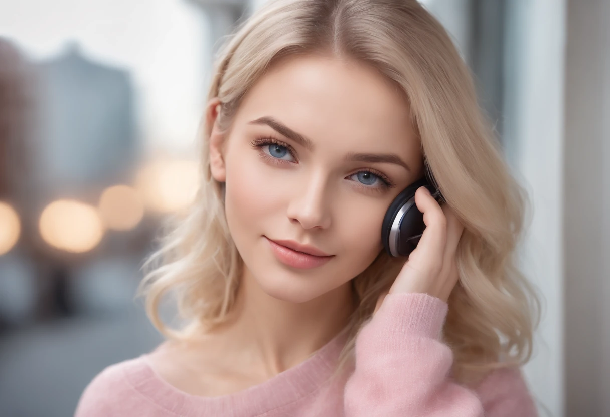 Cute beautiful blonde with pink sweater, headphones on head, listening music,extreamly bold, Vlada Roslyakova ,Russian Fashion Model, wearing headphone, listening music, crossing fingers with two hands,(Drinking coffee in a modern café at sunset), sehr detailliert, , unschuldiges Gesicht, naturally wavy hair, blaue Augen, high-res, Meisterwerk, best qulaity, komplizierte Details, sehr detailliert, scharf Fokus, detaillierte Haut, realistische Hauttextur, Textur, detaillierte Augen, professionell, 4k, charming smile, aufgenommen mit Canon, 85 mm, light depth of field, Kodak Vision-Farbe, perfectly fitting body, extrem detailliert, Foto_\(ultra\), fotorealistisch, realistisch, Nachbearbeitung, maximale Details, Rauheit, echtes Leben, ultrarealistisch, Fotorealismus, Fotografie, 8k uhd, Fotografie