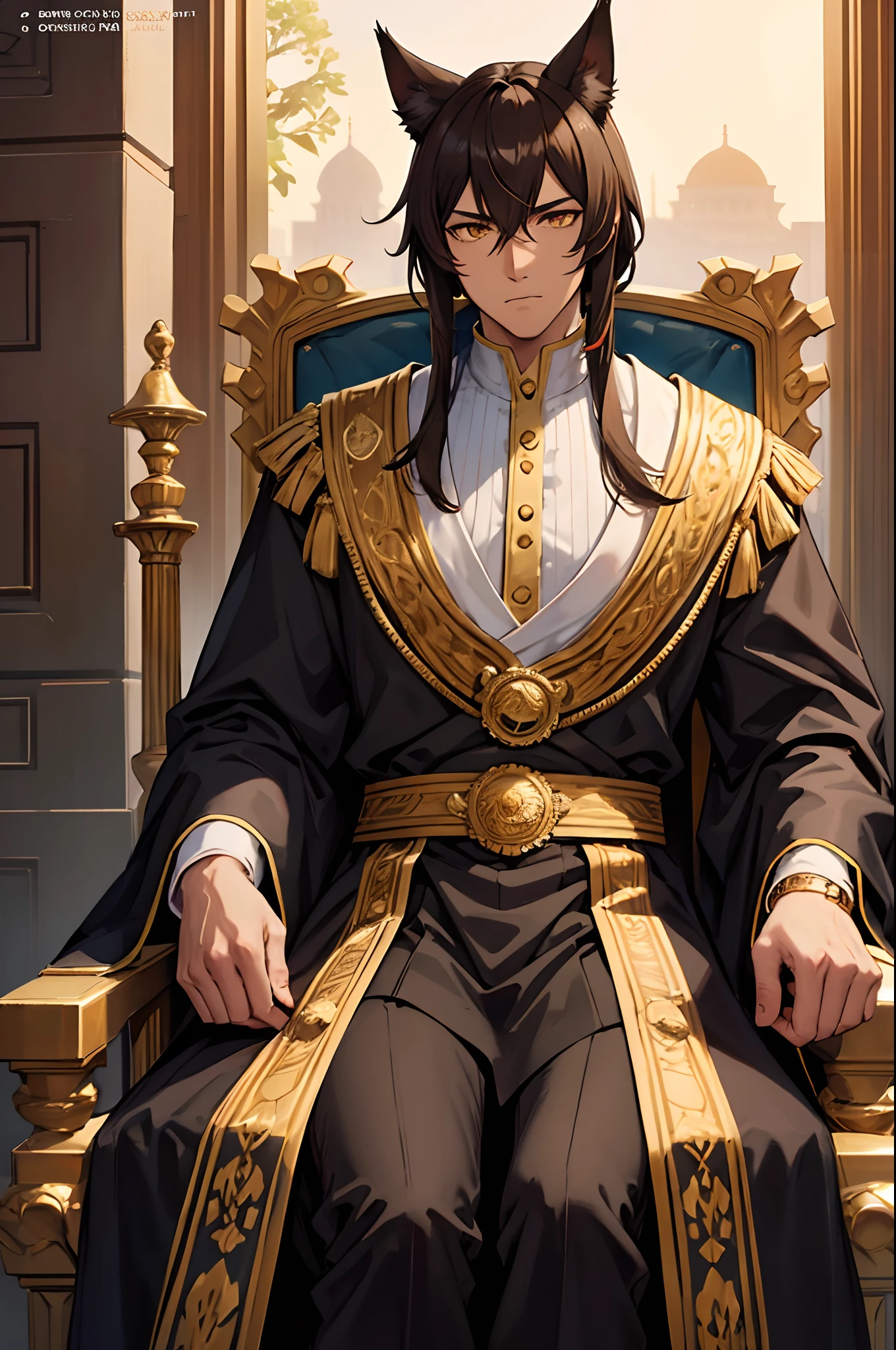 Cover magazine, anime, man, old man, daddy, solo, haven't ponies, sharp hair, dark brown hair, dark skin, brown skin, yellow red eyes, cat ears, cat tails, Anubis man, model, handsome, half body potrait, arabian clothes, mesir, jewelry, polite, king, sultan, open clothes, sixpack, gorgeous, Throne, crown, Mighty