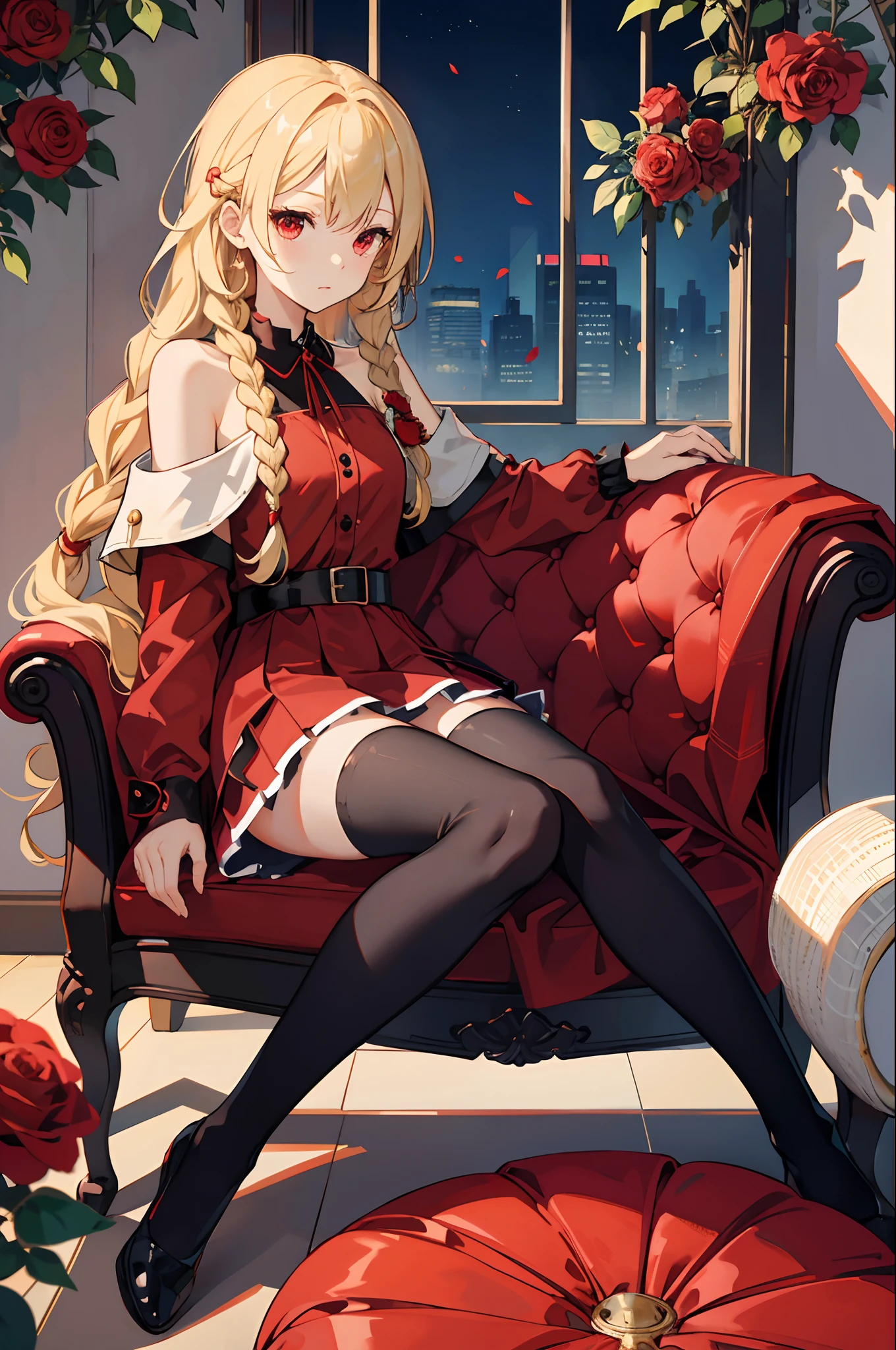 Beautiful girl alone、Wavy blonde、red eyes、Bright red dress、off shoulders、a miniskirt、Sitting on the sofa、Foot braids、Black tights、Surrounded by roses