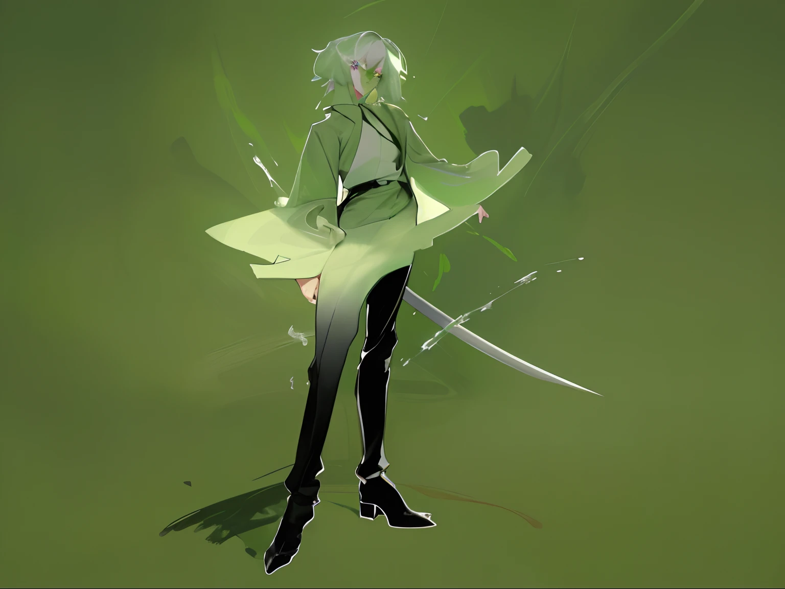 1 teenager,White color hair,Green eyes,Green coat,whitet-shirt,Black pantsuit,Black shoes,Behind it is a Japanese sword,Standing painting,full bodyesbian,Best quality,Masterpiece,Looking at the camera,Detailed art,High definition,4K,A high resolution,1boys