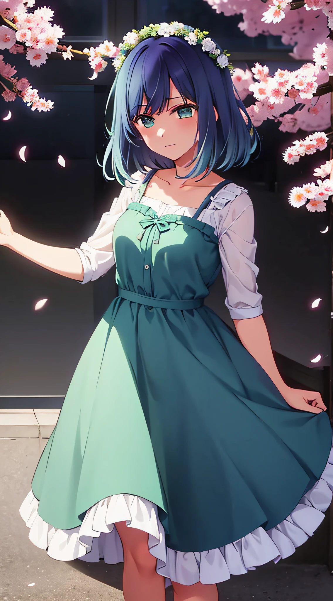 blue hair,green eyes,medium hair,gradient hair,Akane,a  girl,pink dress,Sakura petals falling,wreath on head,happines