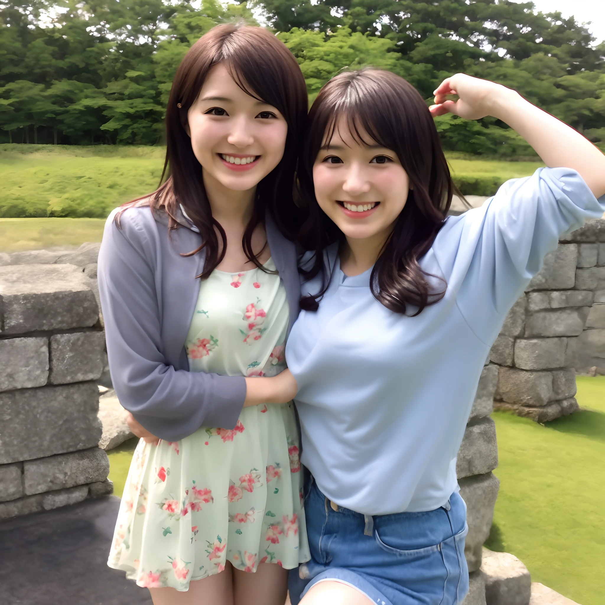 there are two women standing together in a park with trees in the background, two japanese schoolgirls posing, yoshitomo nara and aya takano, ayami kojima and lyde caldwell, sakimichan hdri, two girls, realistic young gravure idol, young gravure idol, young pretty gravure idol, young skinny gravure idol, bottom angle