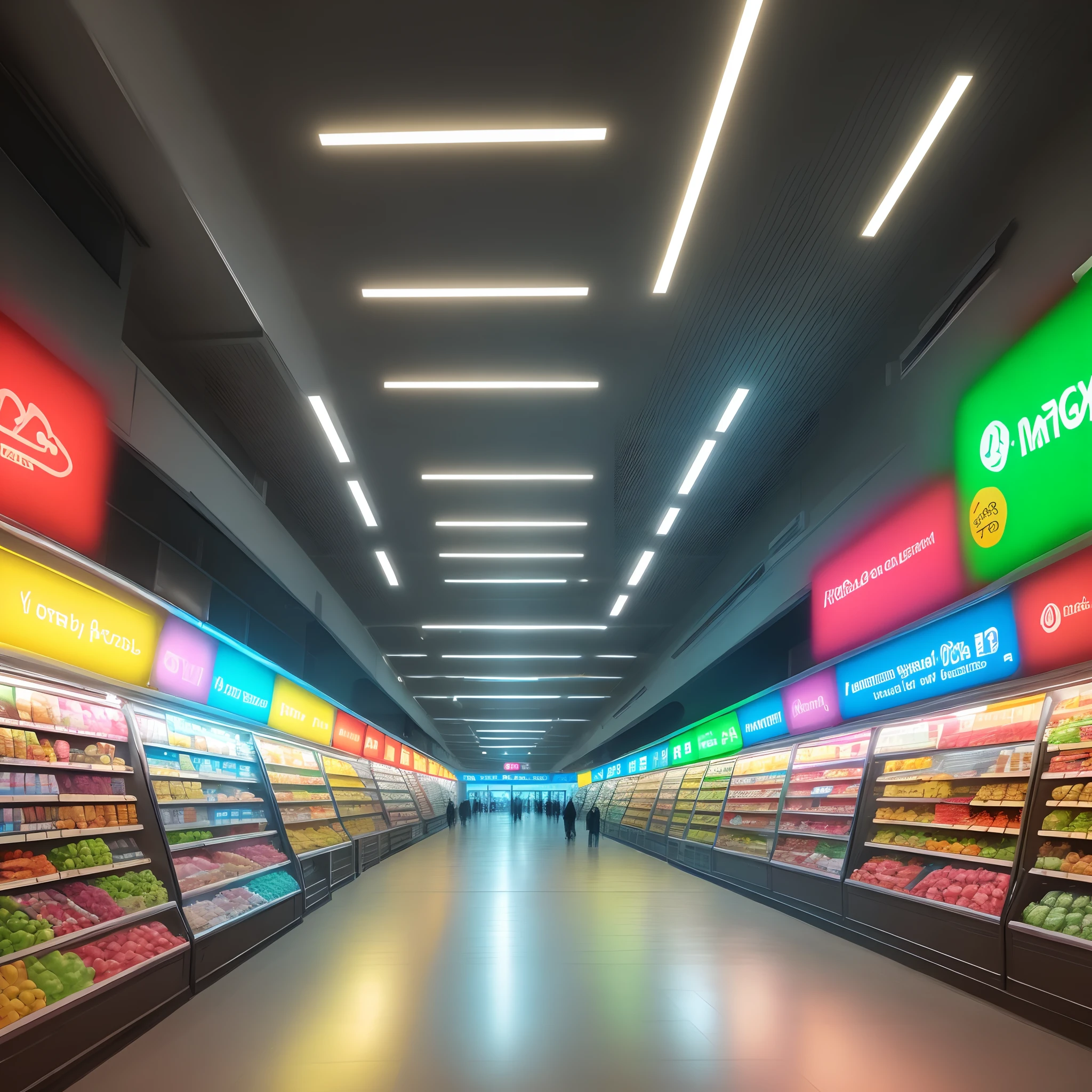 Futuristic  forgotten  playground  in a hyper market mall 0 population brightly lit lights ultra hd