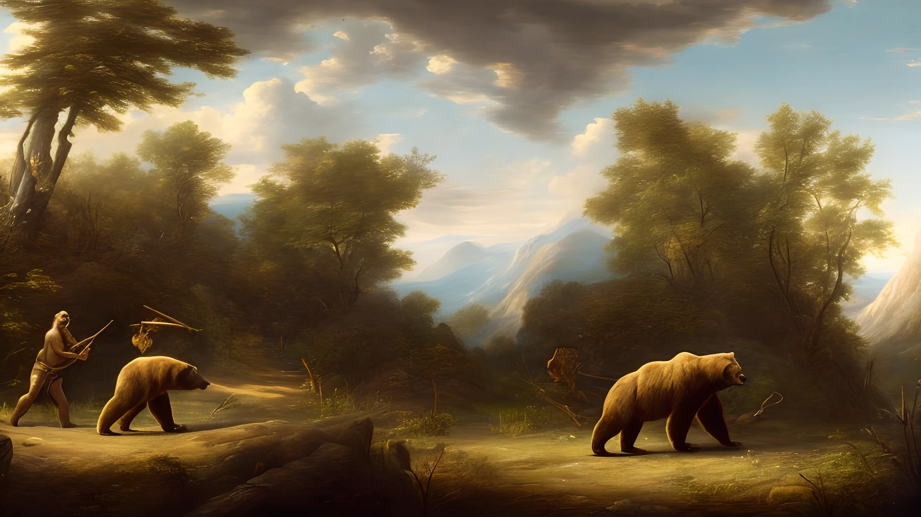 In the painting, a prehistoric human confronts a fierce bear, wielding a sturdy stick for defense. The human exudes determination, striking the bear forcefully, while the bear displays aggression, ready to attack at any moment. The background depicts a dense forest, enhancing the wild and tense atmosphere of the scene.