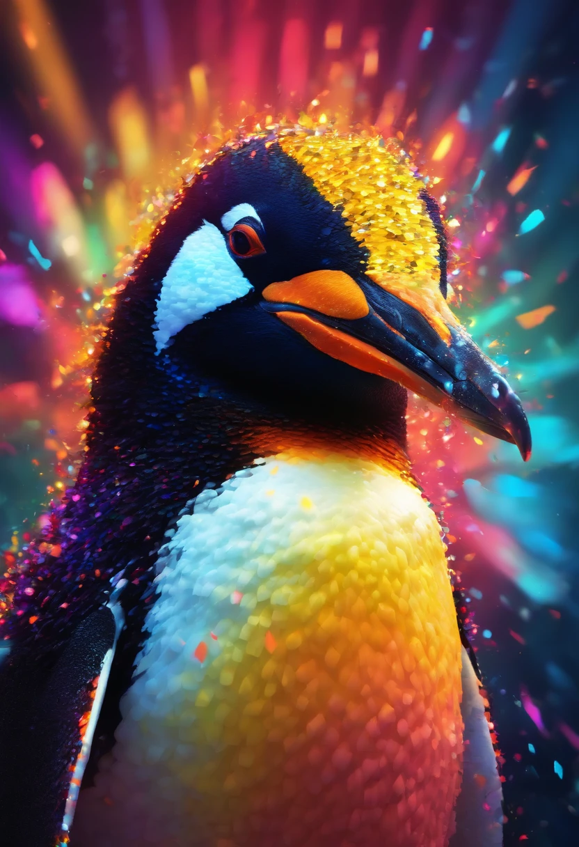 abstract pixelated penguin portrait, digital art, vibrant colors, high resolution, 8k, ultra-detailed, lively expression, playful eyes, pixelated beak, colorful feathers, dynamic background, neon lighting, artistic rendering