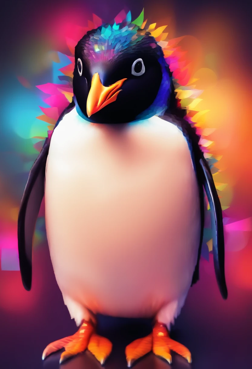 abstract pixelated penguin portrait, digital art, vibrant colors, high resolution, 8k, ultra-detailed, lively expression, playful eyes, pixelated beak, colorful feathers, dynamic background, neon lighting, artistic rendering