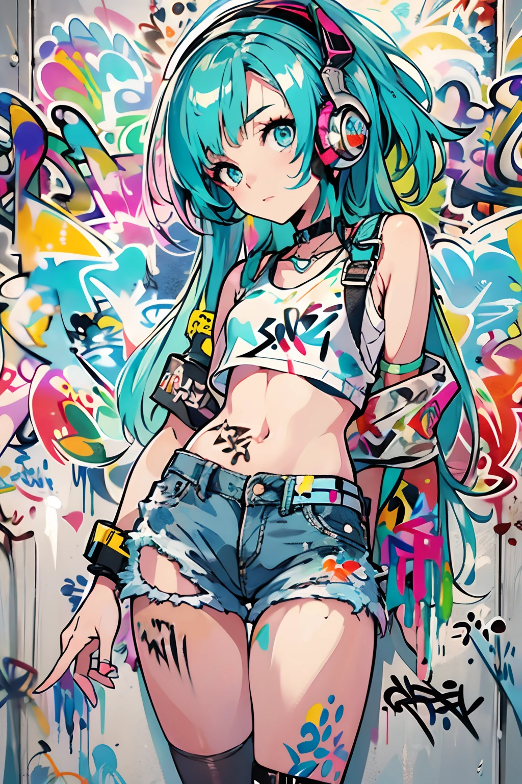 masterpiece, best quality, 25 years old beautiful woman, long hair, (mature face:1.4), 1woman, solo, crop top, tongues underwear, choker, (from behind:1.4), plumb ass, thick thighs, thin waist, (graffiti:1.5), paint splatter, arms behind back, against wall, looking at viewer, armband, thigh strap, paint on body, head tilt, bored, multicolored hair (pink, blue), aqua eyes, headset