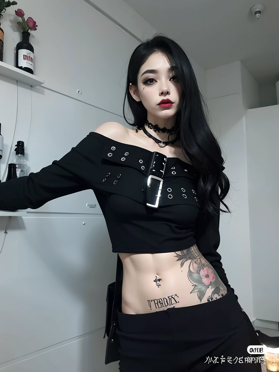 Mulher com uma tatuagem na barriga e um cinto na cintura, cruel korean goth girl, her navel is exposed, 1 7 - year - old goth girl, goth girl aesthetic, usando um top cropped sexy, umbigo mostrando, de menina taiwanesa com tatuagens, very beautiful goth top model, gothic aesthetic, goth punk clothes