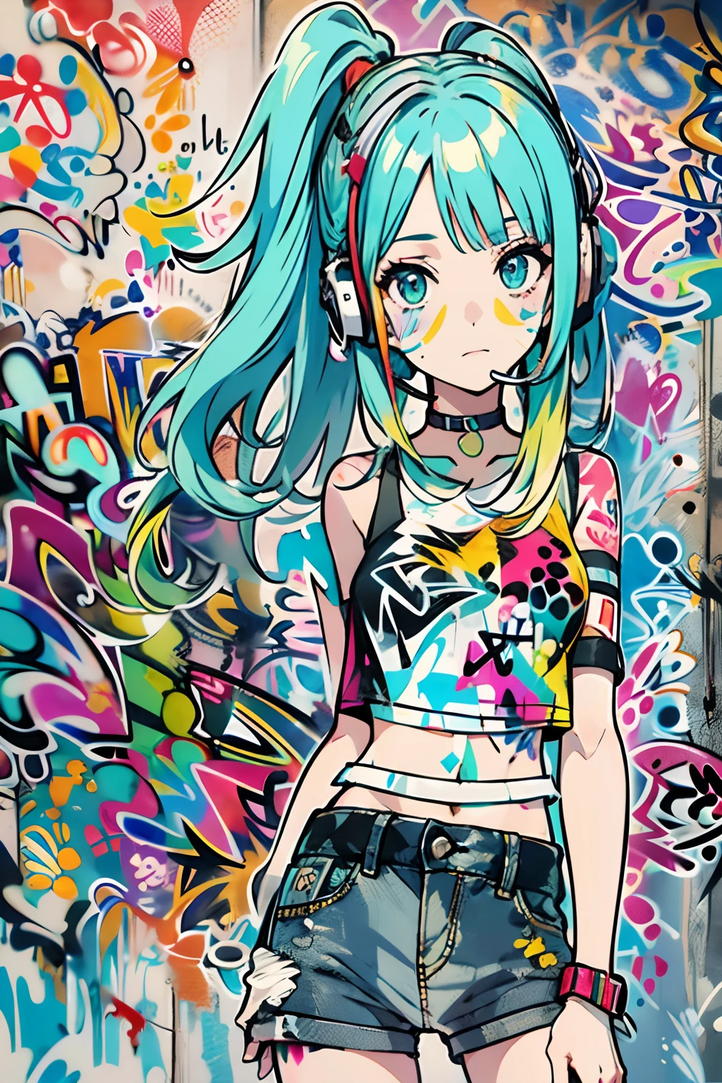 masterpiece, best quality, 1girl, solo, crop top, denim shorts, choker, (graffiti:1.5), paint splatter, arms behind back, against wall, looking at viewer, armband, thigh strap, paint on body, head tilt, bored, multicolored hair, aqua eyes, headset,