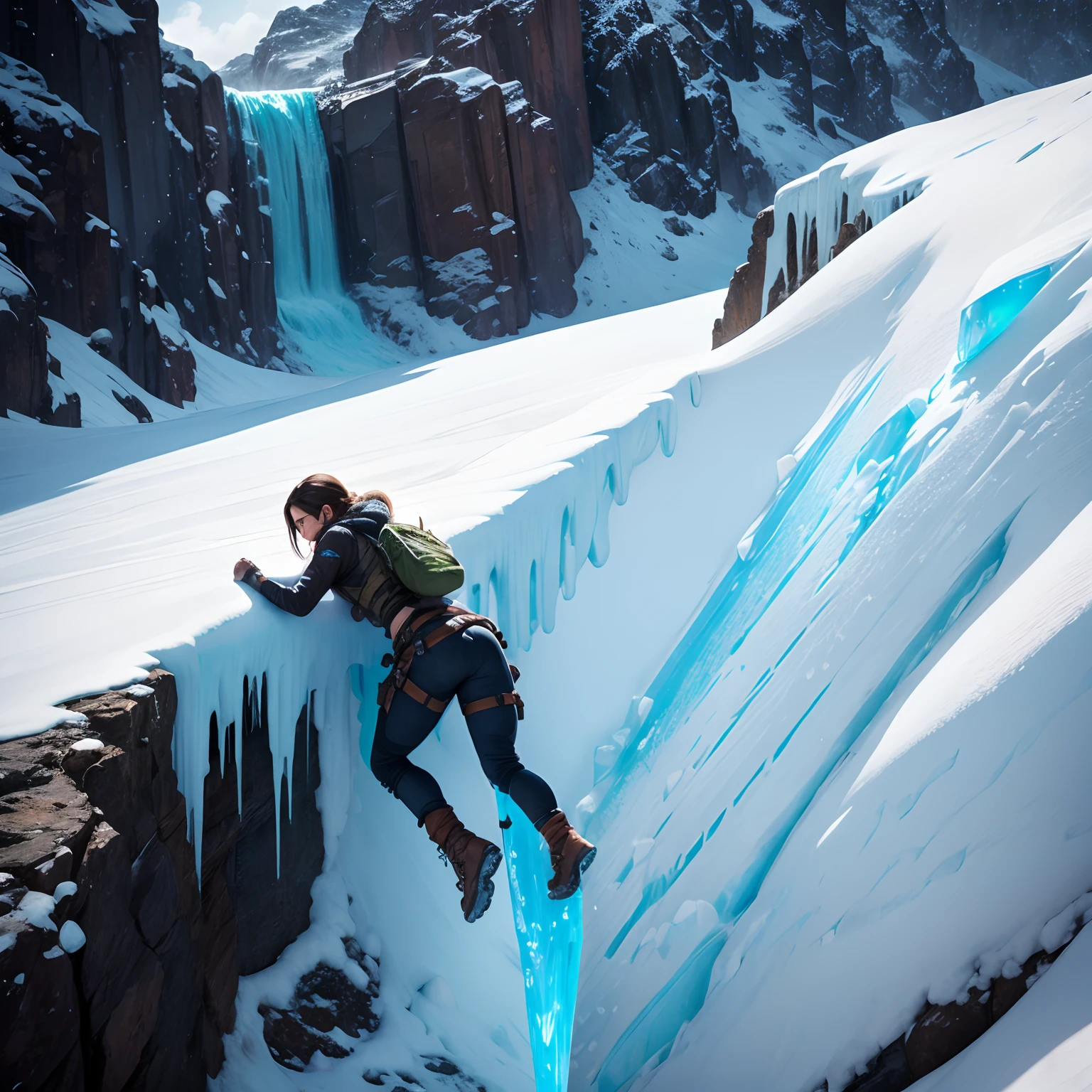 Lara Croft climbing an ice mountain, it’s snowing