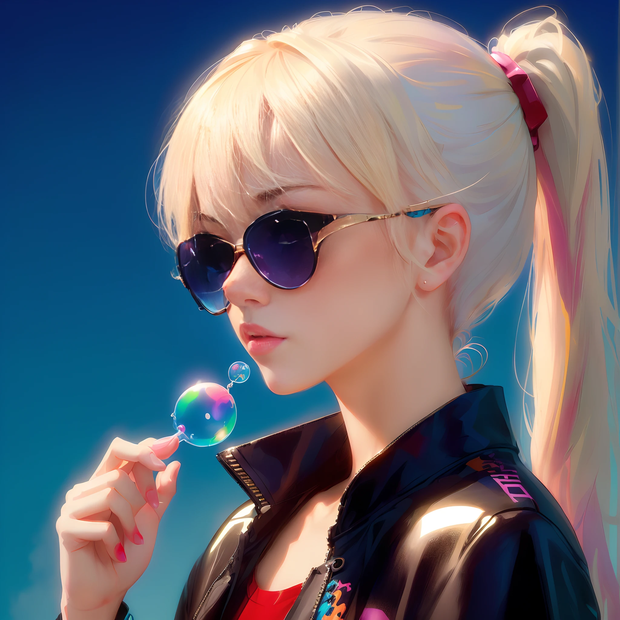 Blonde girl blowing bubbles，Sunglasses on his face, Guviz-style artwork, Ross Tran style, In the style of Ross Tran, Digital art Ilya Kuvhinov, style of anime4 K, inspired by Ross Tran, Ross Tran 8 K, art-style : Ilya Kuvshinov, rossdraws cartoon vibrant, anime styled digital art