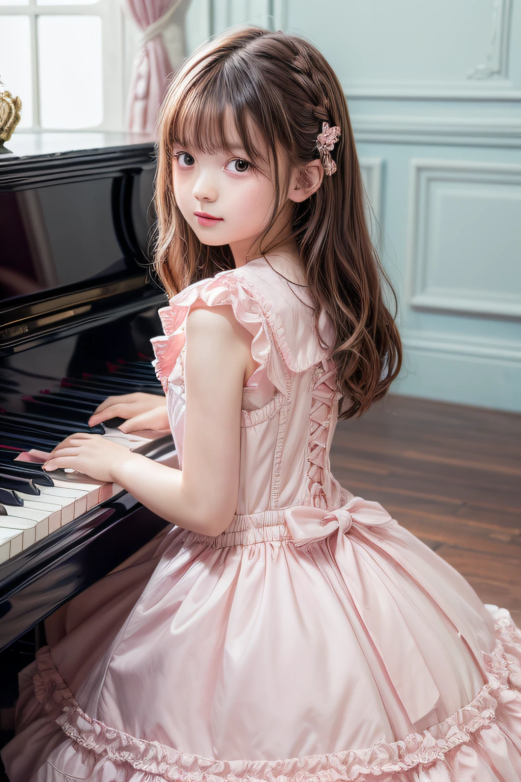 ((Top image quality、8K、​masterpiece：1.3))、Realistic high-quality photos、top-quality、a  girl、piano、Dress with pink ruffles、