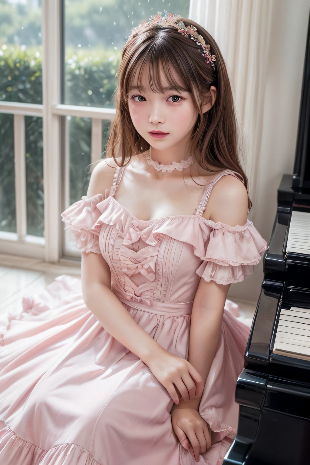 (masterpiece: 1.5), (top-quality: 1.2), (high resolution: 1.4),
A Japanese girl embraces the Lolita fashion style, (frilly outfits with intricate checkered bounds: 1.1), long dark curls cascading down her shoulders, a porcelain doll-like complexion: 1.3, (detailed facial features with intricately painted lips: 1.4, and rosy cheeks: 1.5),
Delicately wrapping a pastel parasol: 1.6, she sits gracefully on a floral armchair: 1.7, in a vintage bedroom setting: