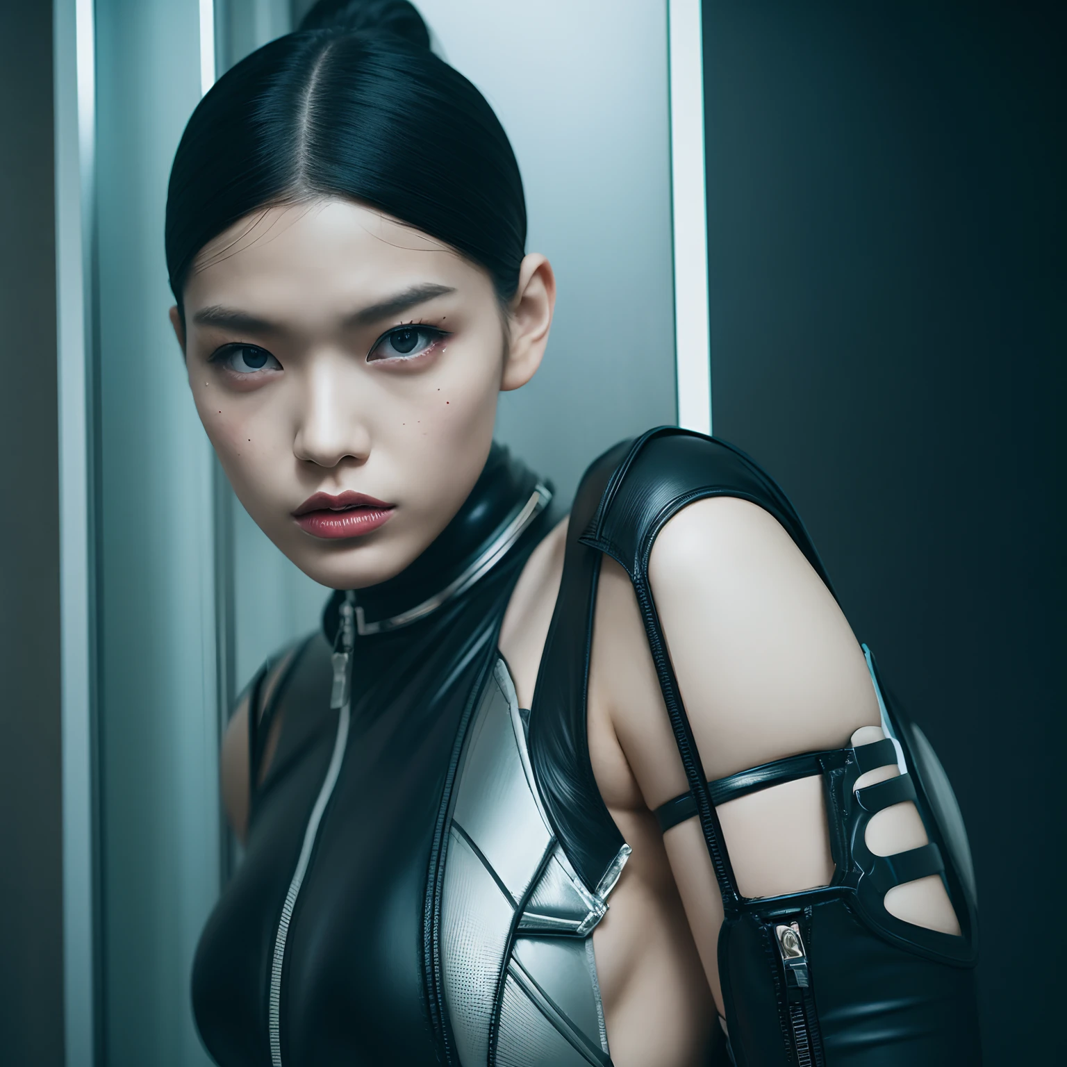 An award winning photography of cyborg Japanese woman. full-body high editorial photo, wearing futuristic normcore fashion, glossy lips, hyper res