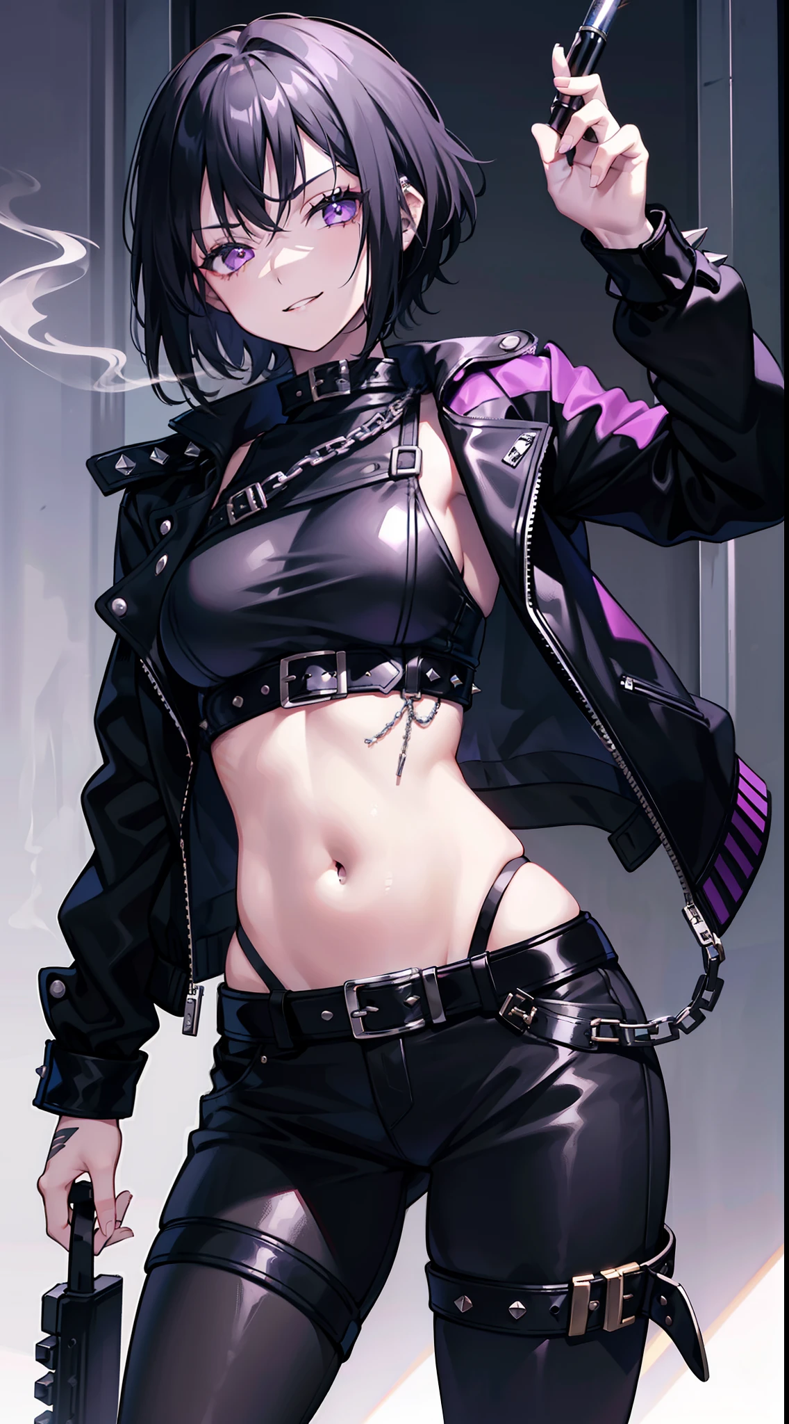 Adult woman, pale skin, long black hair, purple eyes, leather tube top, leather jacket, tube top, underboob, leather mini skirt, wide hips, small waist, open belly, open breasts, big breast, Masterpiece, hiquality, perfect fingers, perfect limbs, piercings, dark makeup, half-body, bear ears, bear puff tail