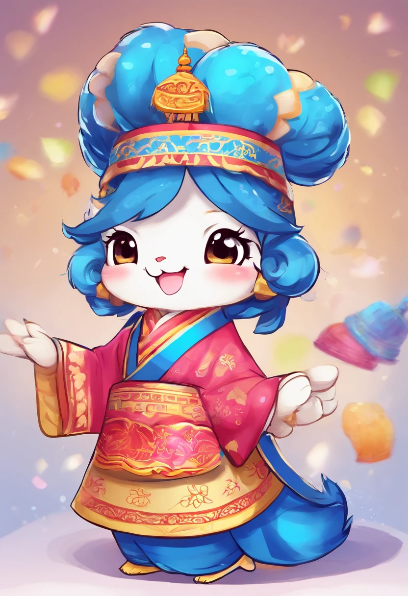 Cute blue mascot dressed in traditional Nepali costume and sari or kurtha,Japanese painting style cartoon，P dry light sheet，bluecolors，Advanced background color scheme with multiple poses and holding dumpling and pizzas