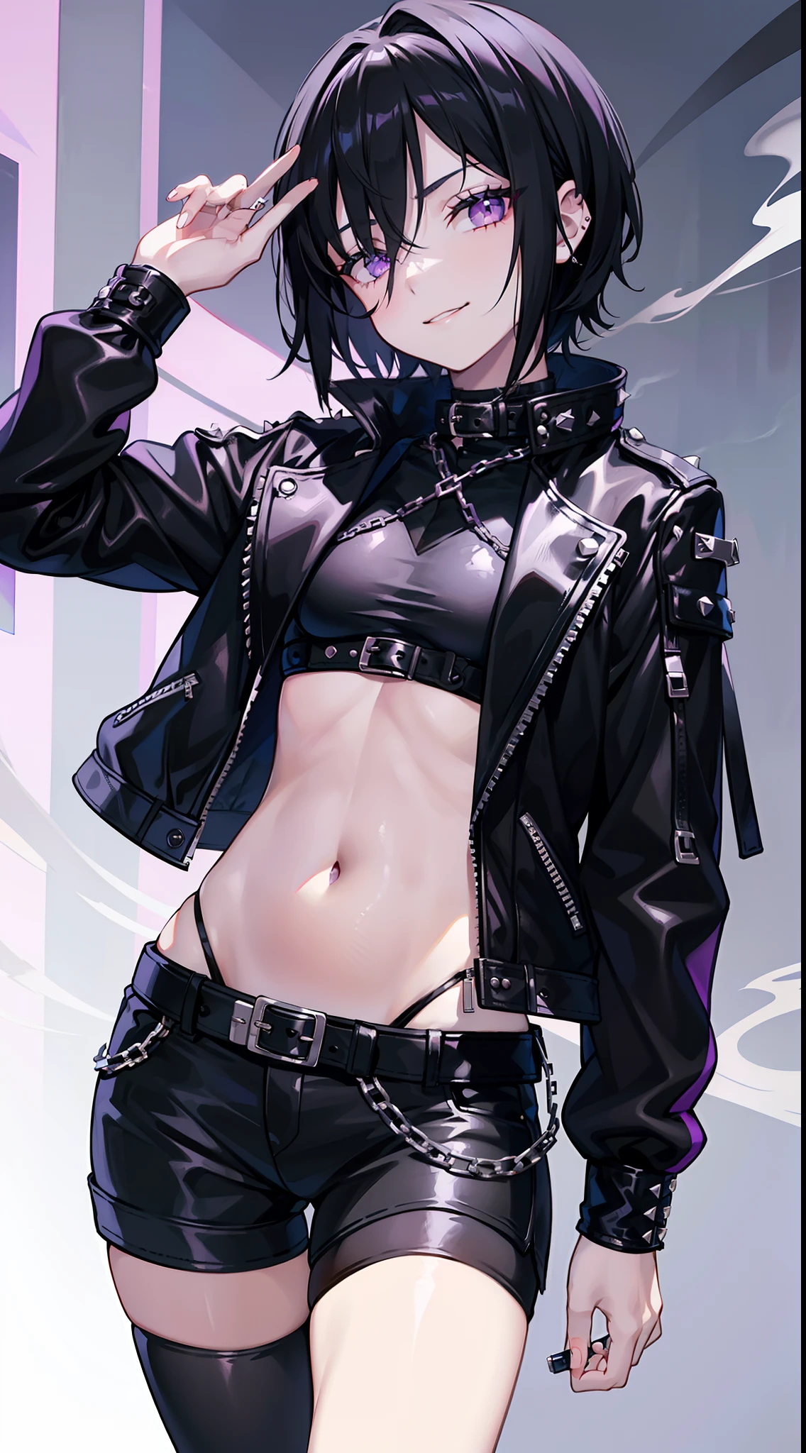 young girl, short black hair, violet eyes, smirk, Black leather jacket with spikes, open belly, breeches, Chains on clothes, scar on face, cigarette, Smoke, hiquality, 4k, HD, Good detail