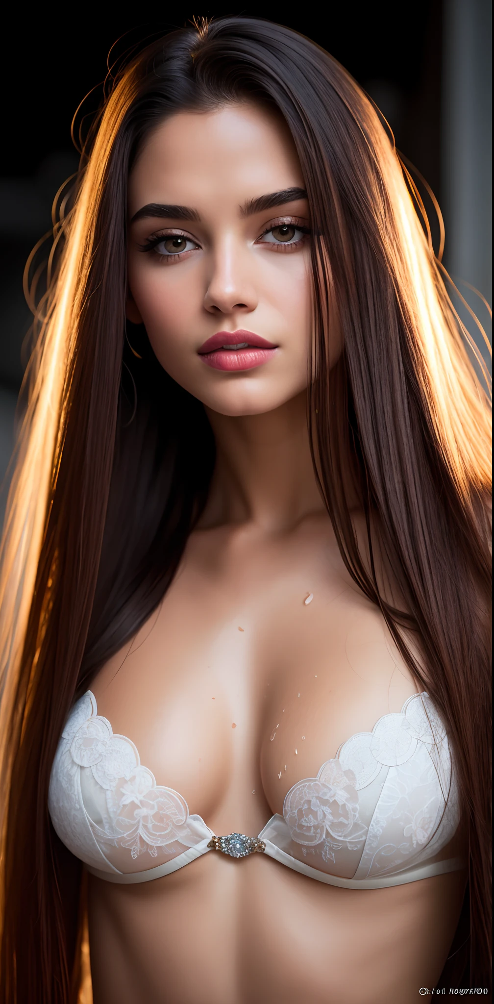 Botox lips, very moist skin and hair, firm breasts, dark blond hair, long straight hair, wet peignoir, European youth, perfect body, open (thin, perfect body, small), photorealism trends, high-resolution details, raw photography, sharpness, uniqueness in d850 4, koda850 k 400 portrait camera, 1.6 lens, rich colors, hyperrealistic texture, spectacular lighting, a surprise to real art, the fashionable Cinestil 800 mechanism,