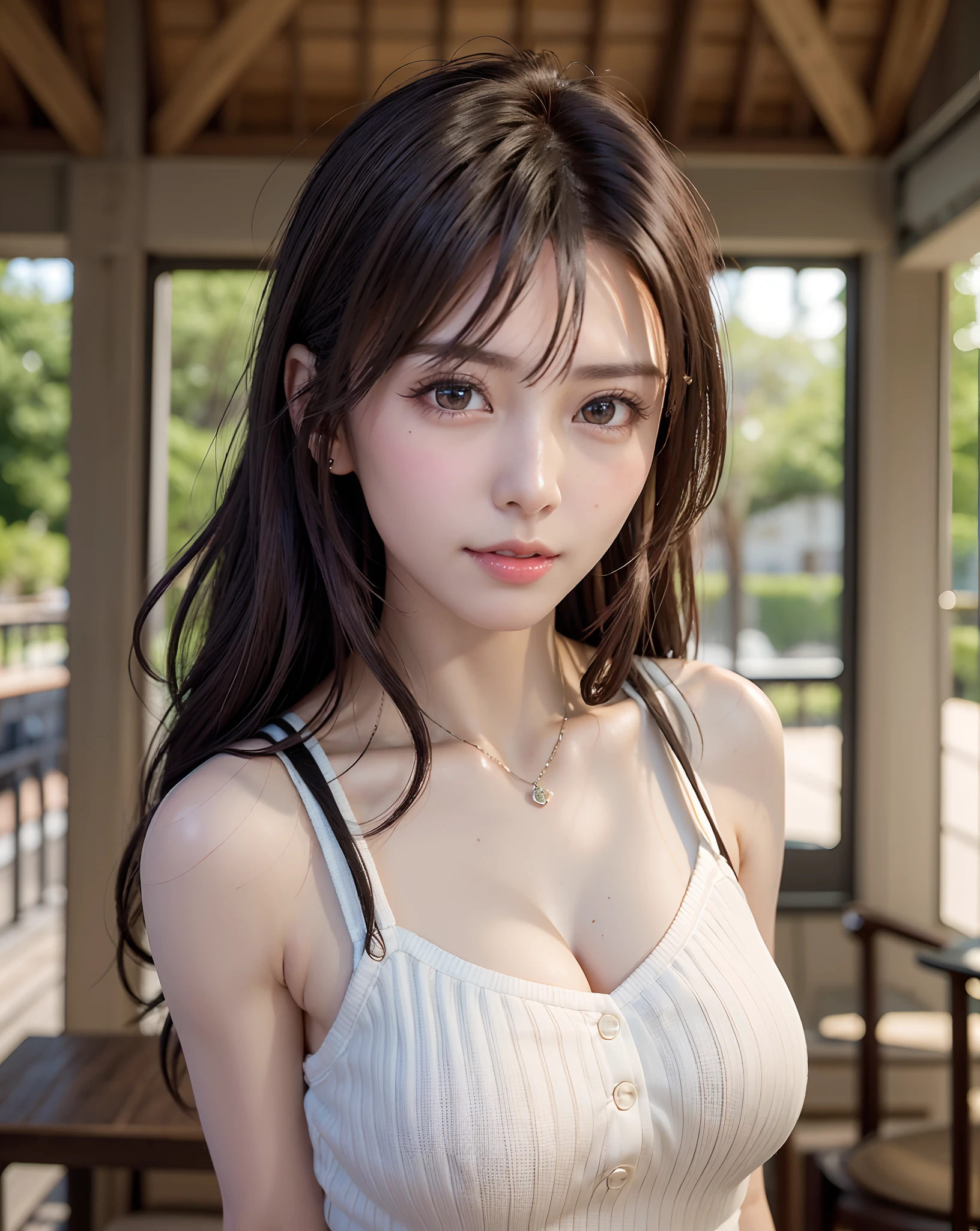 巨作、最好质量、Raw photo、photoreallistic、big tit、face lights、shinny skin、A high resolution、super detaill、Black choker、Brown hair、Medium hair、no-bra、Sporty clothes