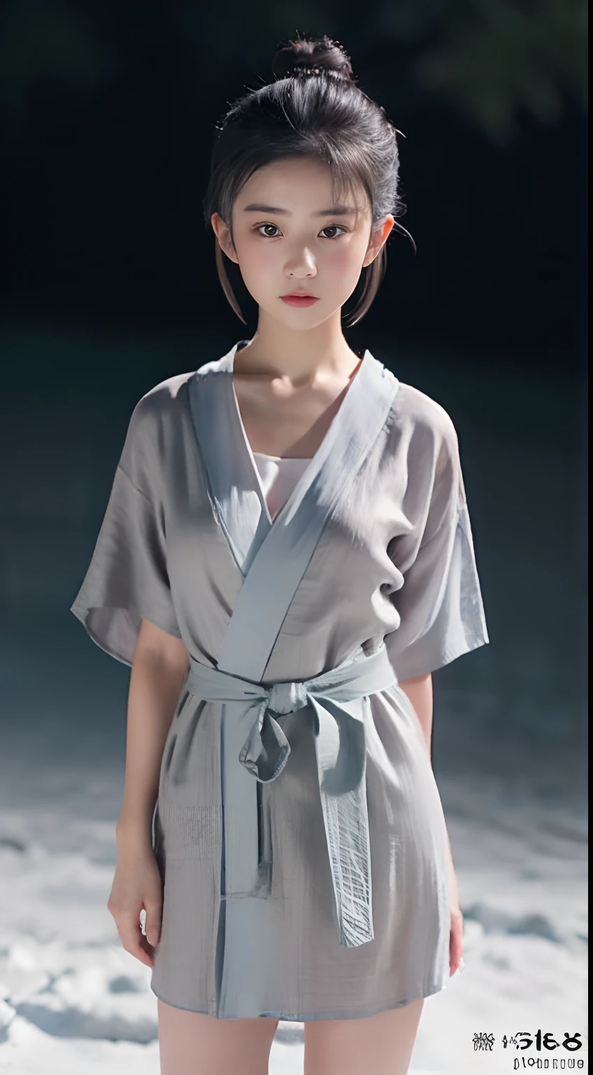 ((Best quality, 8K, Masterpiece :1.3)), Sharp focus:1.2 , Photorealsitic,(Cinematic lighting),Facial detail texture. Eye details. Double eyelids, Slender body. Super small breasts, Sexy collarbone,12-year-old girl, photo-realistic:1.37,Perfect eyes, ((1 Girl in gray yukata)),(white sash),(Thick cloth),((Ragged linen)),With a petite figure,brunette color hair,hair-bun,Qi bangs,Stand in the snow,The barefoot,Hands behind your back,Full body like,short- sleeved,short skirt,Exposing thighs,folds,((solid color backdrop)),is shy,Be red in the face,Get wet