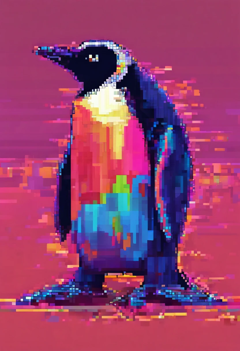 abstract pixelated penguin portrait, digital art, vibrant colors, high resolution, 8k, ultra-detailed, lively expression, playful eyes, pixelated beak, colorful feathers, dynamic background, neon lighting, artistic rendering