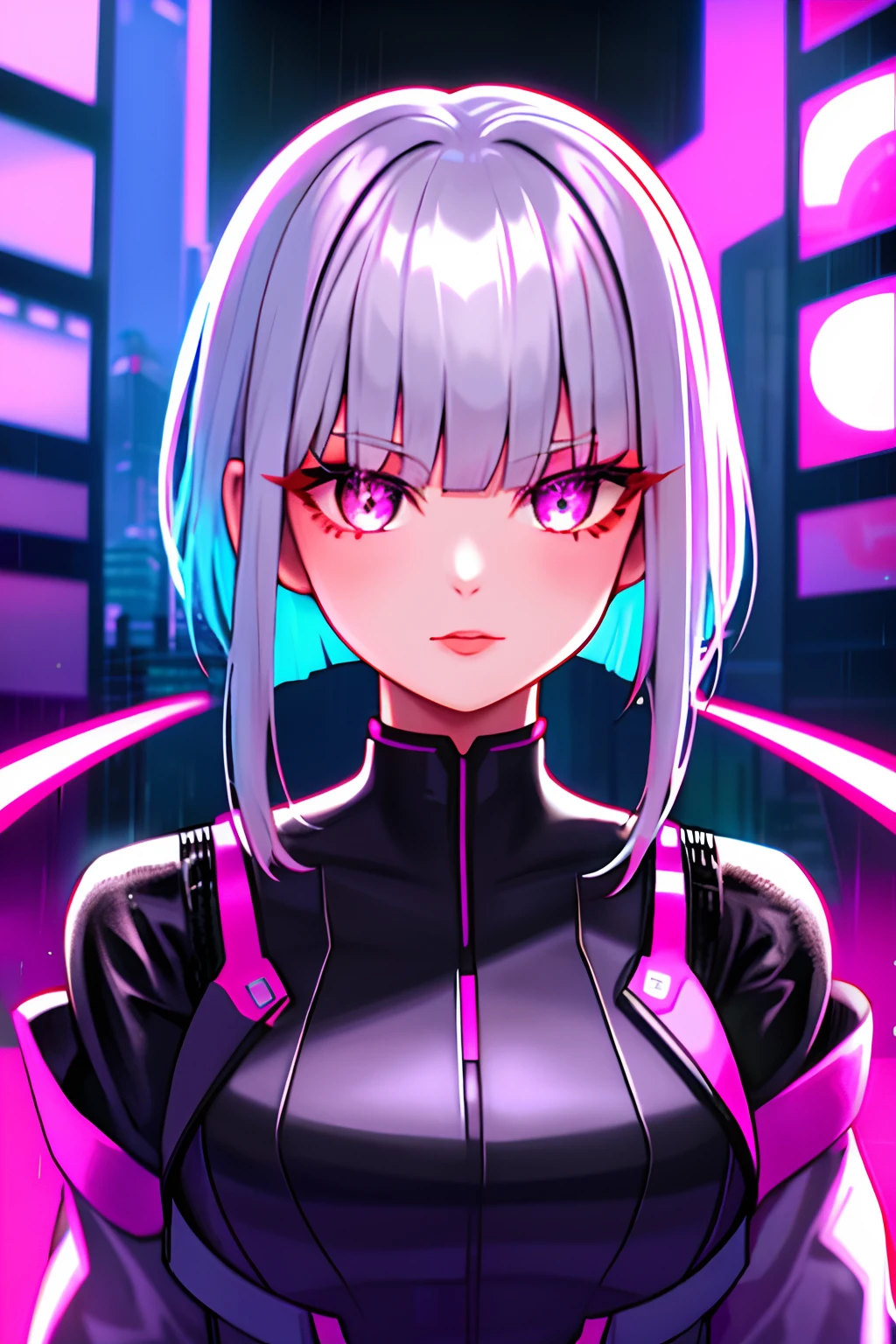 lucy \(Cyberpunk\), 1girll, hair scrunchie, hime-cut, Silver hair, colored tips, full moon, With gray eyes, Jacket, Long sleeves, view the viewer, Medium hair, Colorful hair, Bangs separated, lips parted, Pink-haired, Portrait, Red eyeliner, Redlip, Solo, White jacket, cyber punk perssonage\(Series\), Rainy night in neon-lit cyberpunk city,Two-dimensional,cyberpunk edgerunners, neon, neon colors,