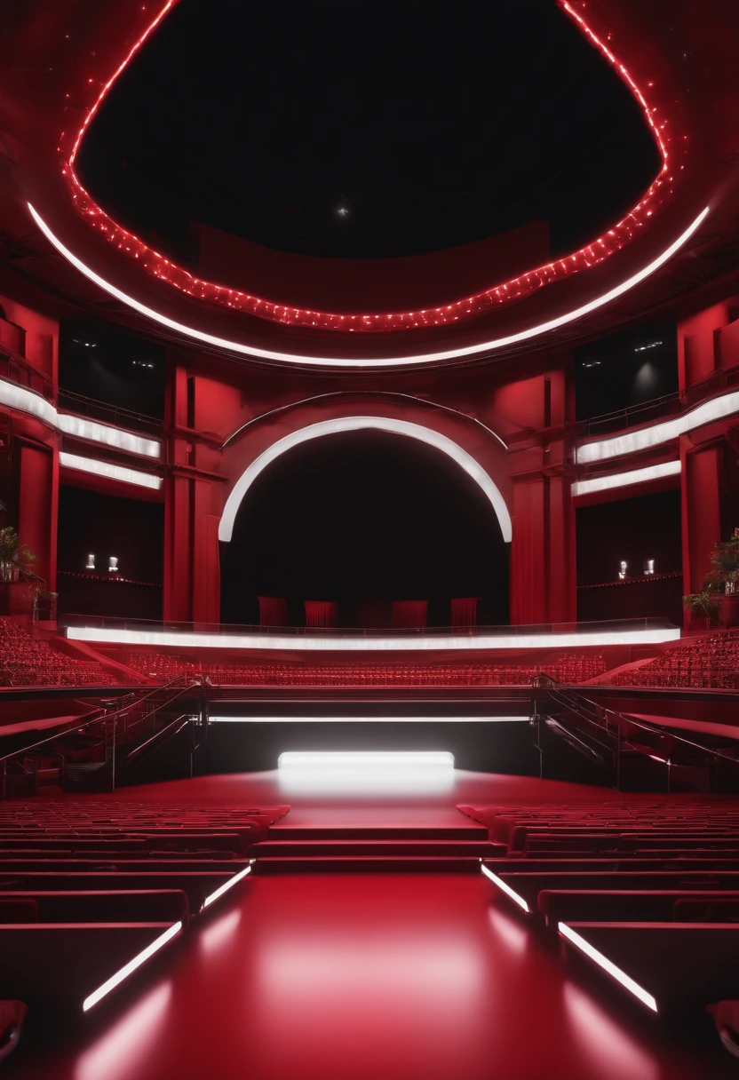 Red concert stage with white and black, future-tech, glowing neon lights, Realistic details and vivid textures.