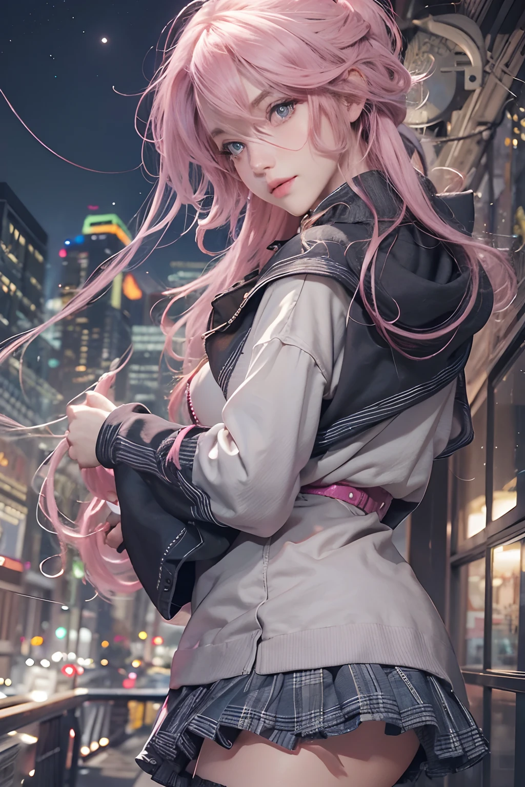 Masterpiece, Best quality, Night, full_Moon, Cityscape, Realistic, Photo, Real, Huge_filesize, the wallpaper, album, Girl, Long hair, Pink hair, Disheveled hair, Wavy hair, Beautiful detailed eyes, Light smile, Blue eyes, Medium breasts, Sailor dress, Sweater dress, Miniskirt, Black pantyhose, Loafer shoes, shackle, fingerless_mitts, Collar, lap_pillow head, nipple tweak_thigh high,