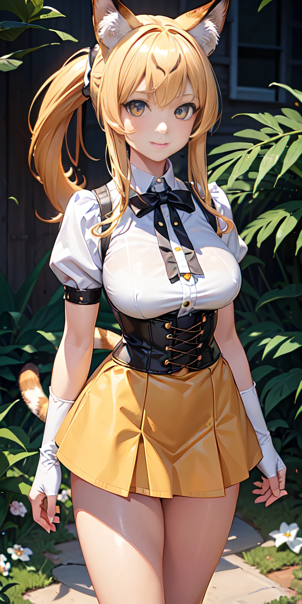 cowboy shot, beautiful eyes, Masterpiece, Best quality, realistic photo, solo1girl, serval, blonde hair, Cat ears, Cat tail, (50% cowboy yellow high waist miniskirt), High Resolutions, Kemono friends, large firm and round breasts, looking at viewer, orange eyes, tail, high yellow thighs, W arms, white gloves, white shirt