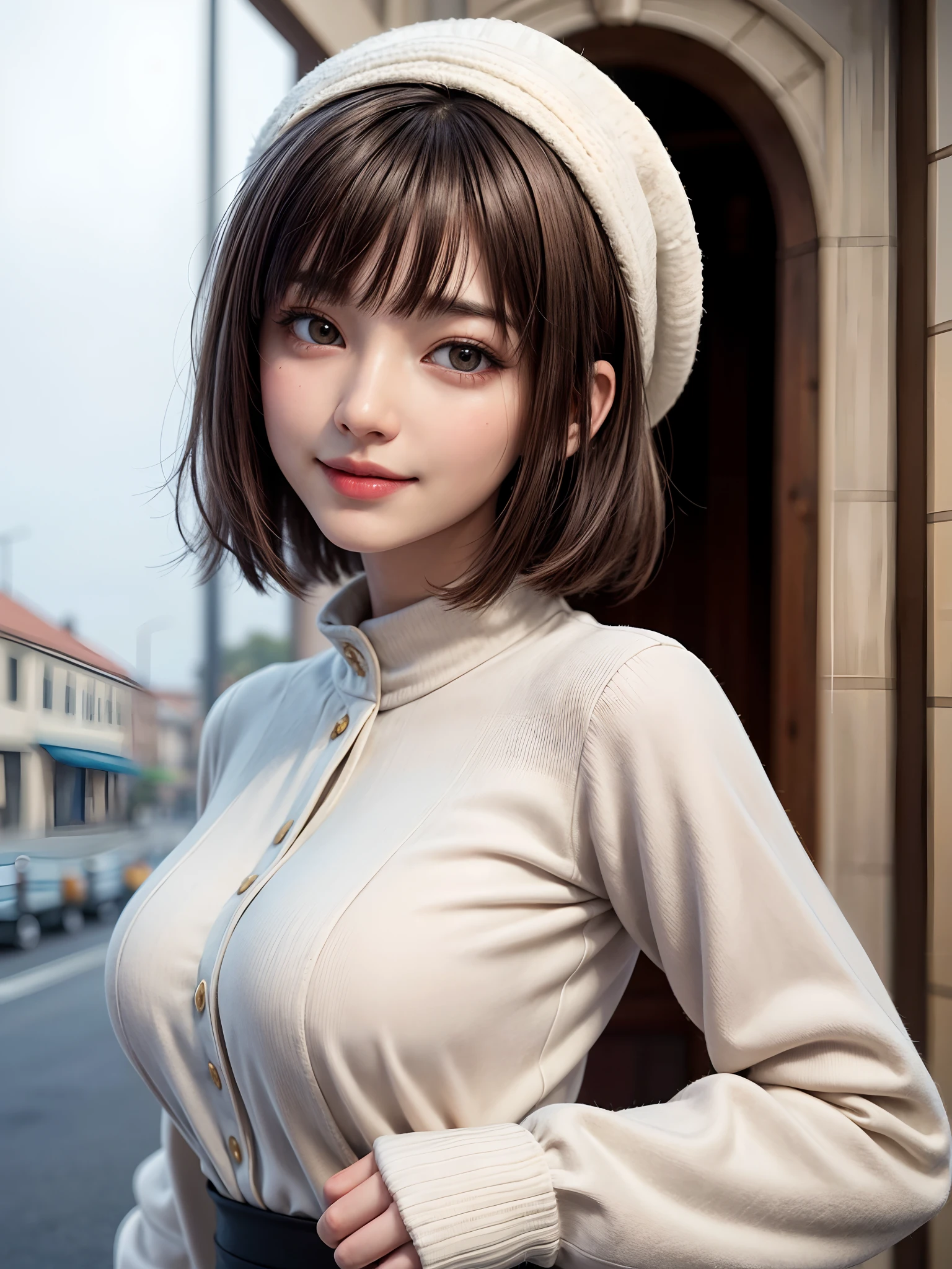(masterpiece, top-quality、A very attractive adult beauty、Add intense highlights to the eyes),1girl in, 独奏, A dark-haired, scarf, Hats,, realisitic, looking at the viewers, black eyes of light color, shorth hair, coat, Winter clothes, White headscarf, s lips, lipgloss,bangss,, a closed mouth, The upper part of the body、big eye、Lashes、((Road system in Italy))、((Shorthair with bangs、big eye、Put very strong highlights in your students、very Bigger breasts、gazing at viewer、Very beautiful beauty、Put your ears out、long neck、little smiling、Close your mouth and smile)))、28 year old、Cute supermodels