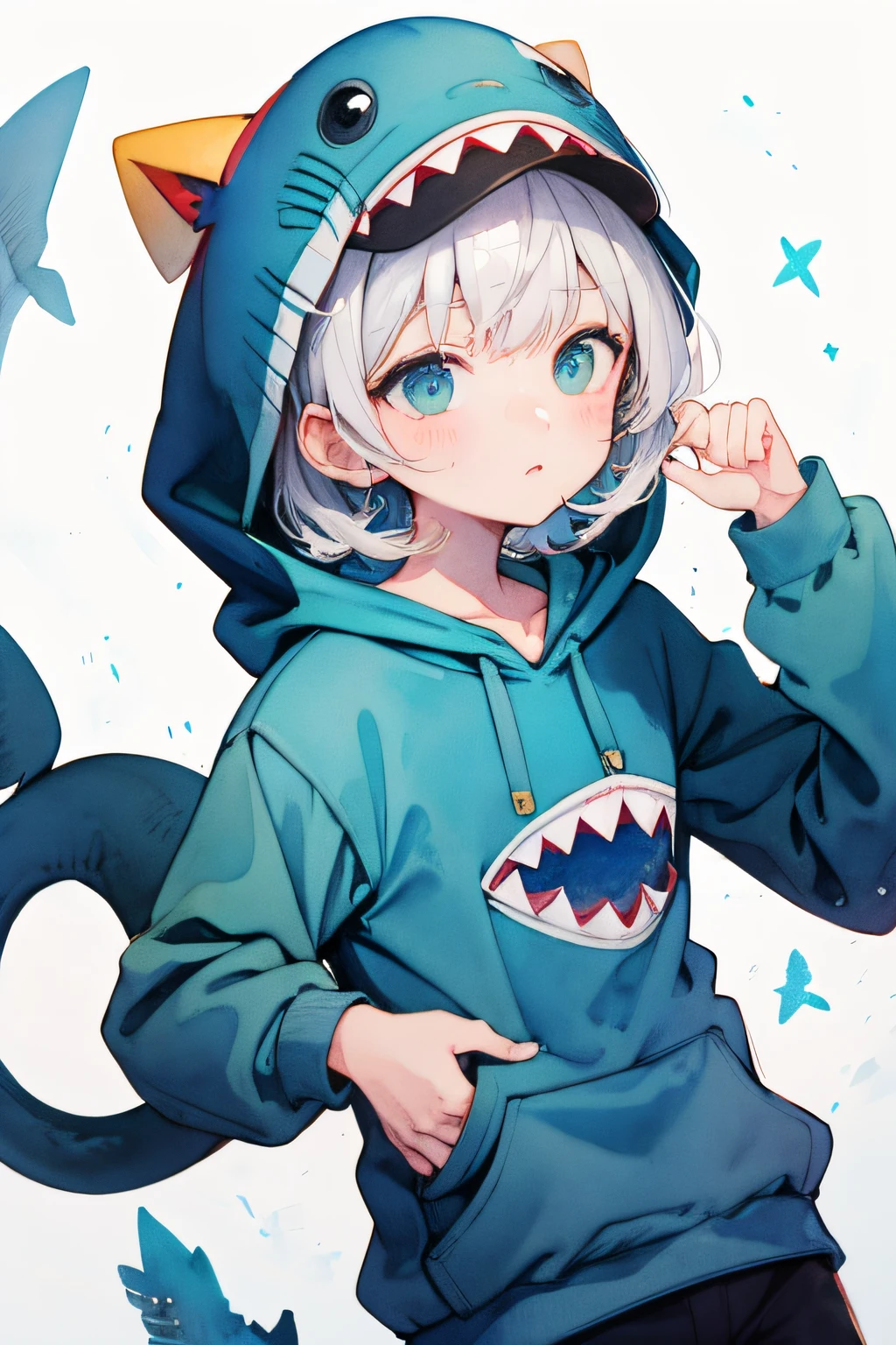 Masterpiece, Best quality, Shark hoodie,aquarelle, Handsome boy，Wear a shark hat，full bodyesbian，Faraway view，White background