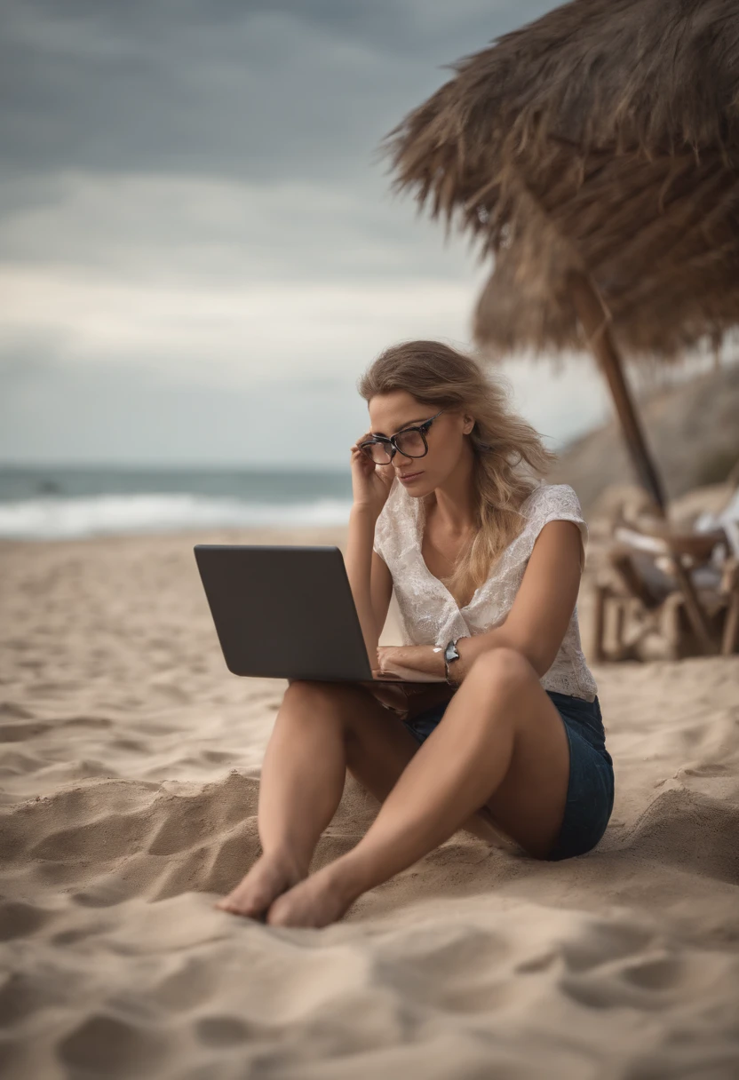 Woman psychologist on the beach in glasses with laptop in hands and ears